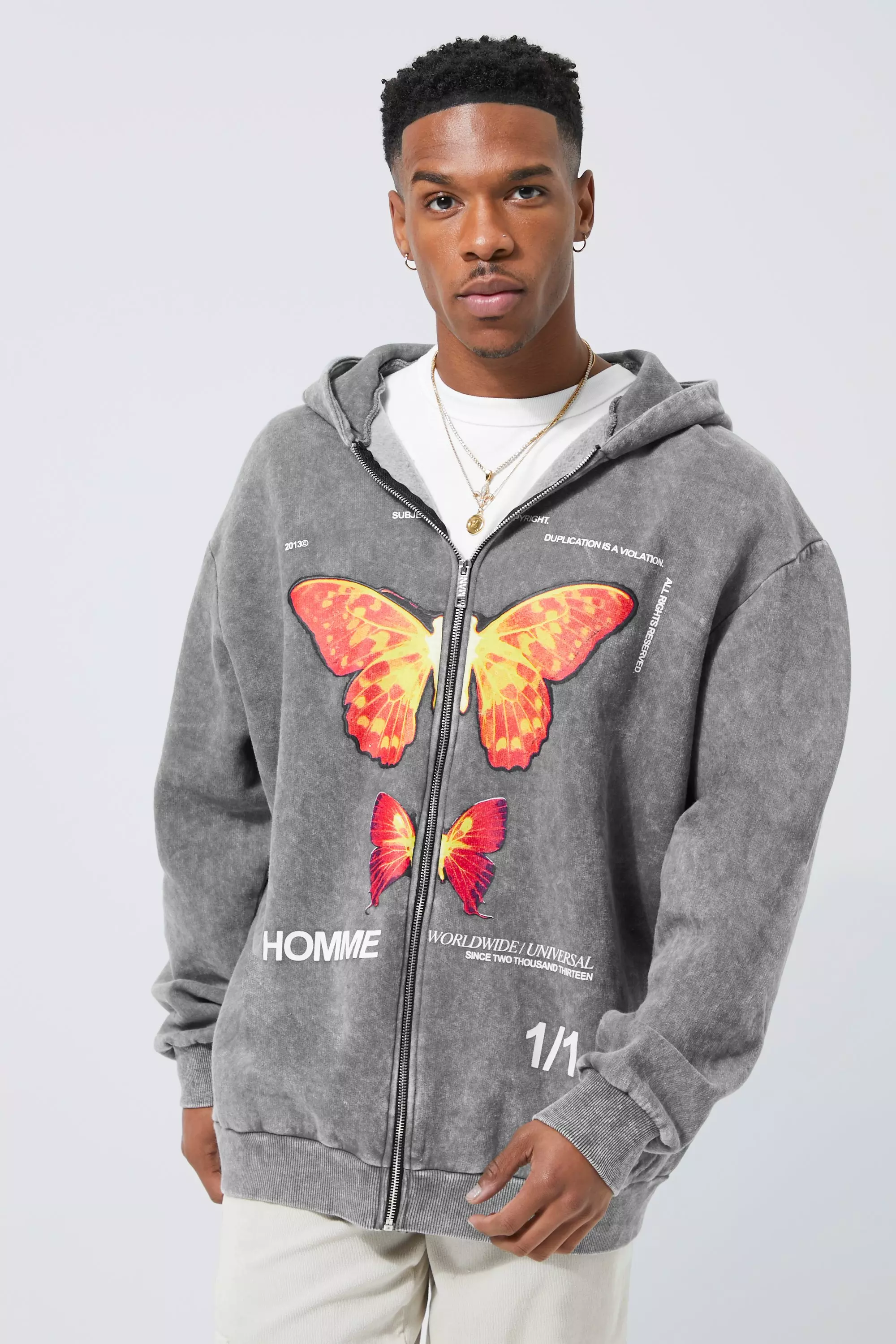 Oversized Washed Graphic Zip Through Hoodie