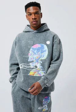 Oversized Washed Graphic Hoodie Charcoal