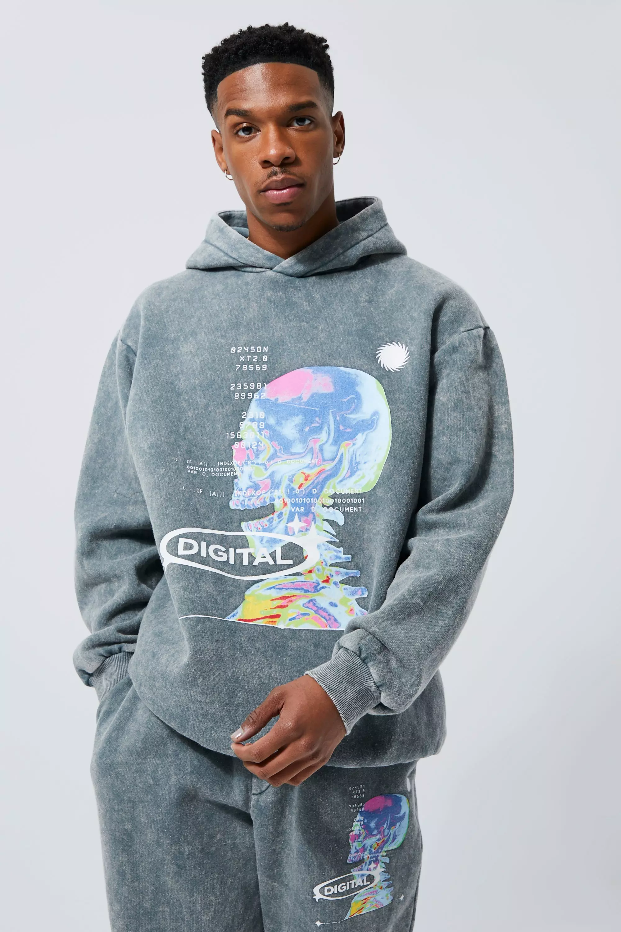 Charcoal Grey Oversized Washed Graphic Hoodie