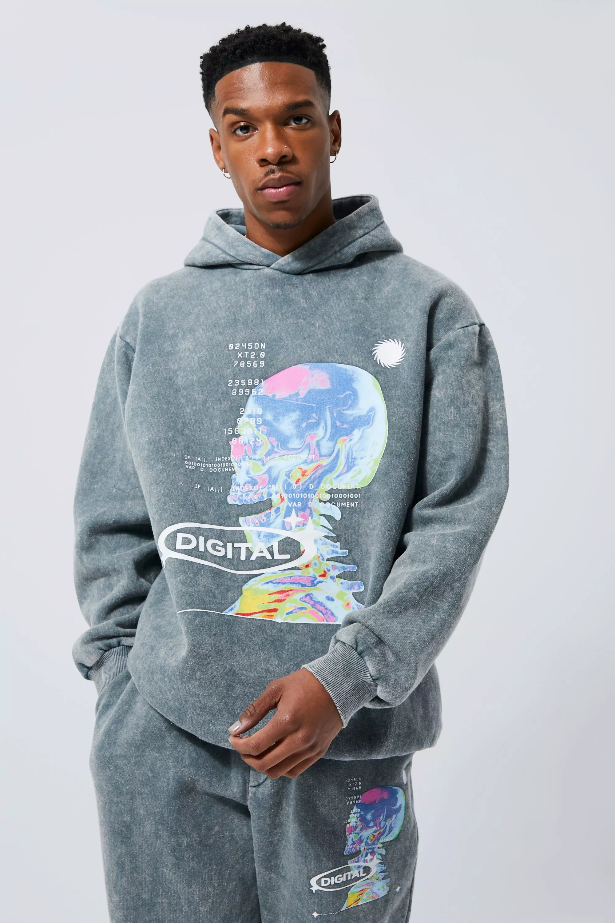 Oversized Washed Graphic Hoodie Charcoal