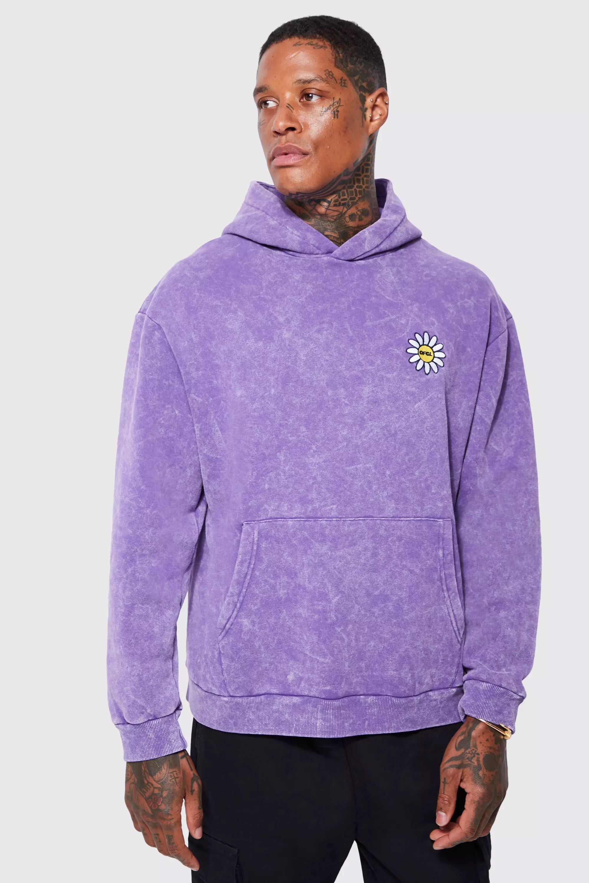 Oversized Flower Embroidered Washed Hoodie boohooMAN UK