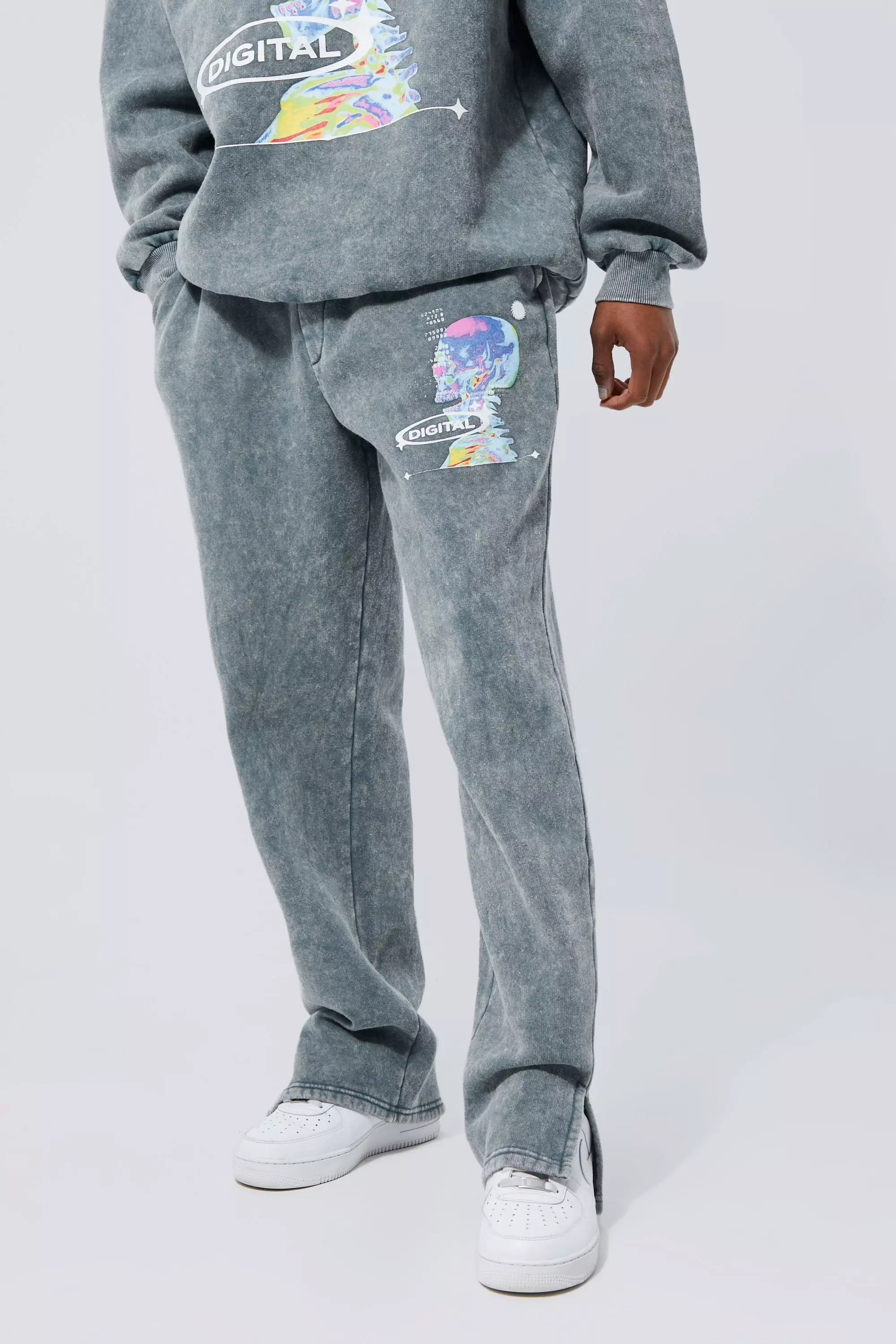 Charcoal Straight Leg Split Hem Washed Graphic Jogger alternative image