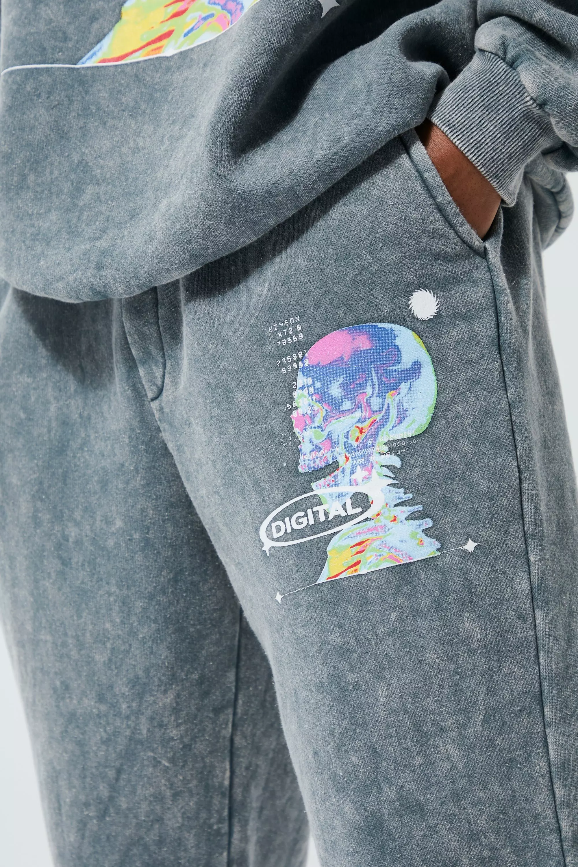 Charcoal Straight Leg Split Hem Washed Graphic Jogger alternative image