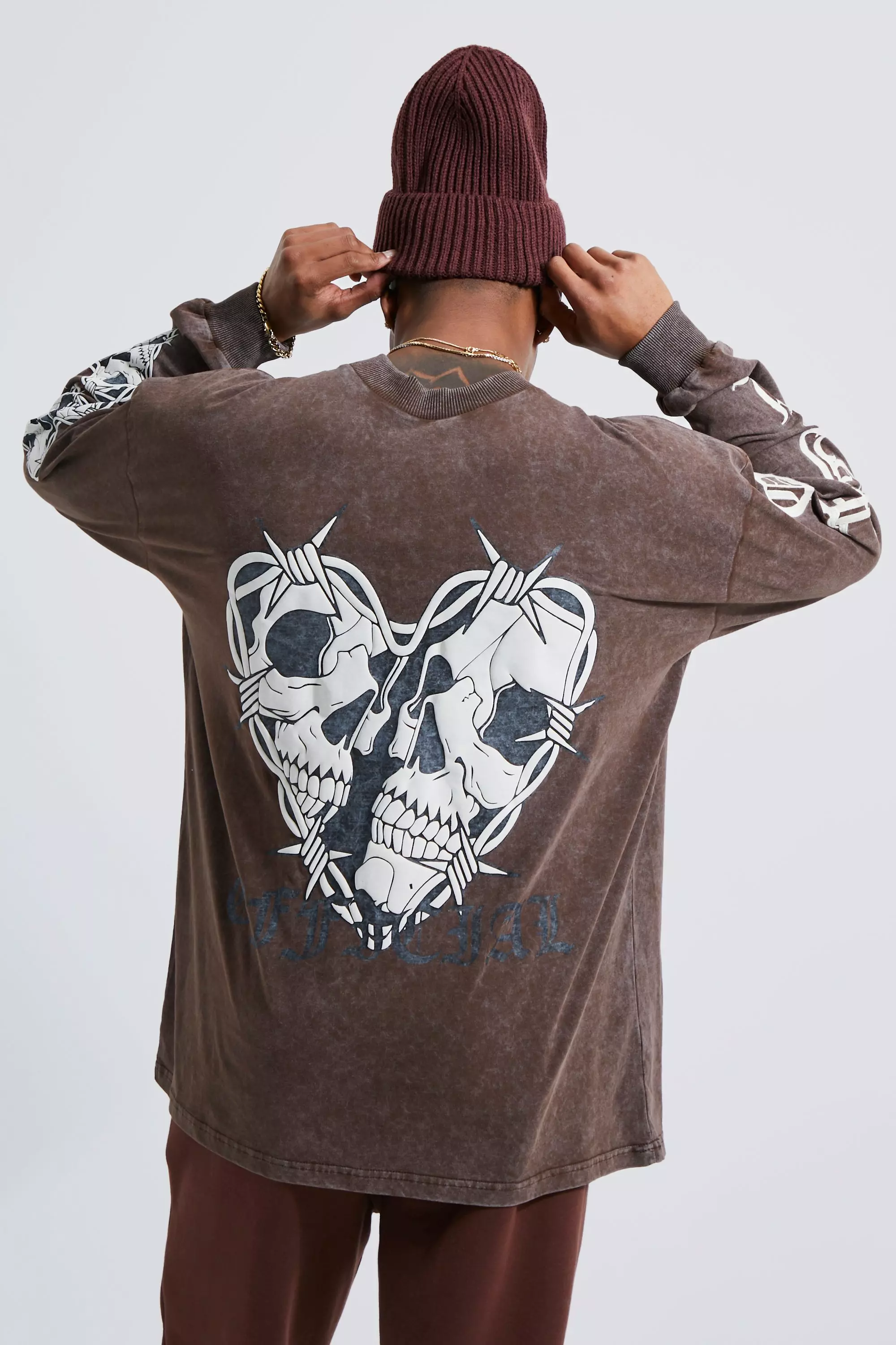 Chocolate Brown Oversized Long Sleeve Washed Graphic T-shirt
