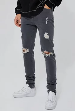 Tall Skinny Stretch Exploded Knee Ripped Jeans Mid grey