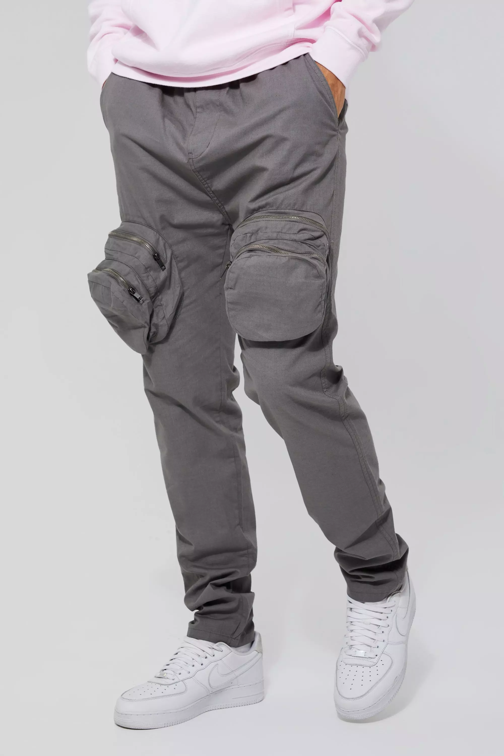 Grey Tall Slim Fit Smart 3d Zip Cargo Pants