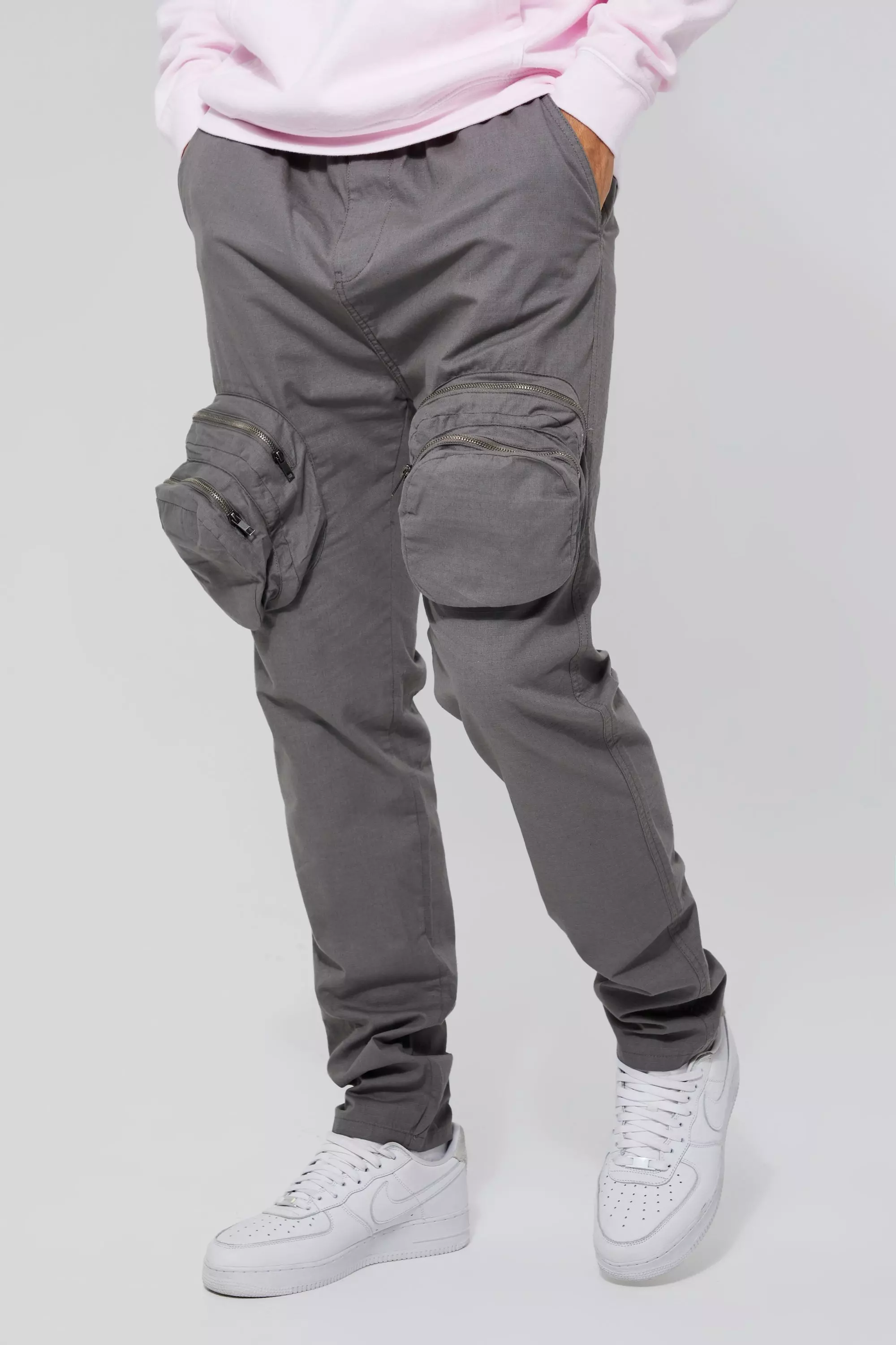 Tall Slim Fit Smart 3d Zip Cargo Pants Grey