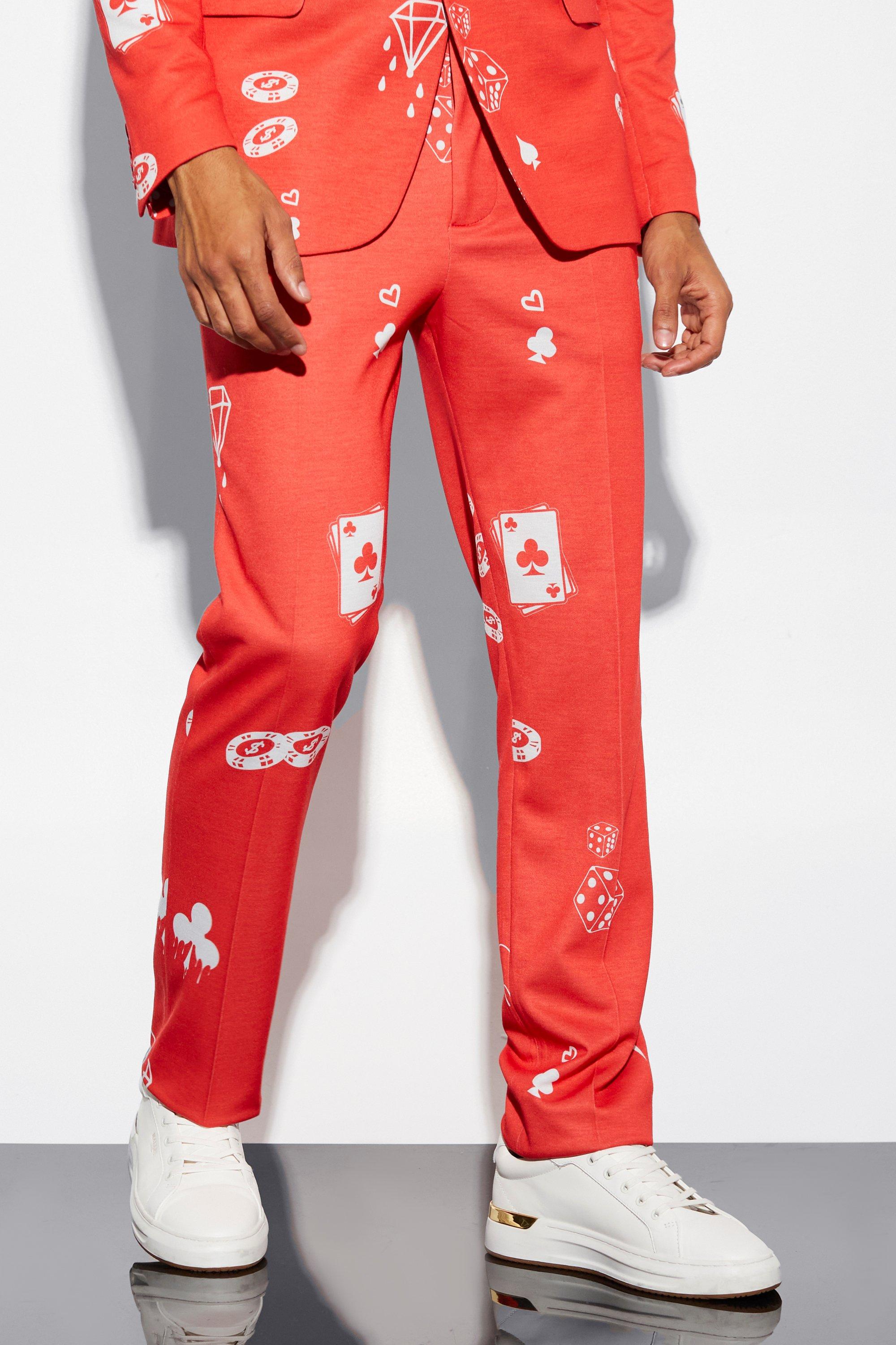 Red Straight Leg Card Print Suit Trousers