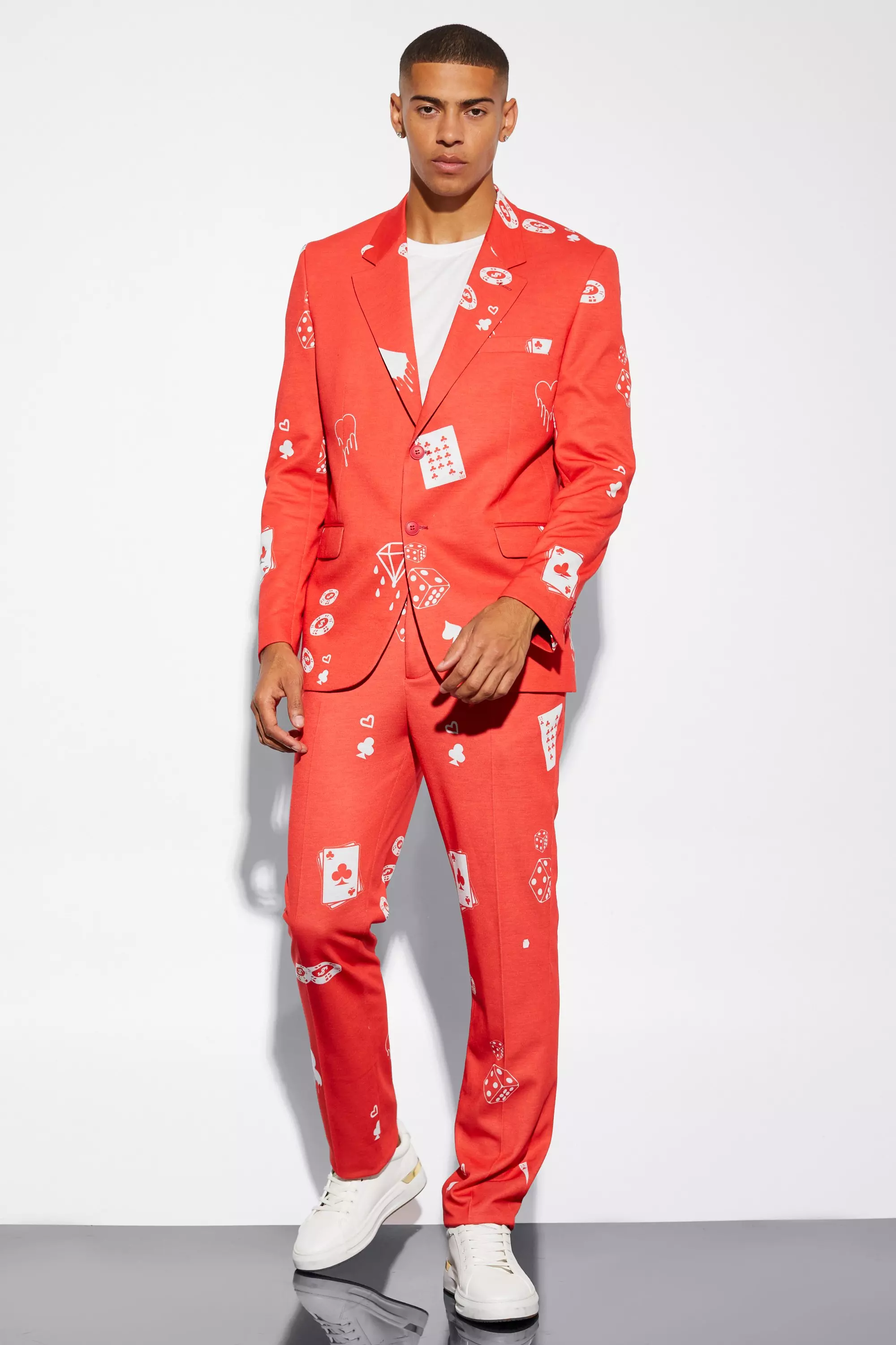 Red Straight Leg Card Print Suit Trousers alternative image