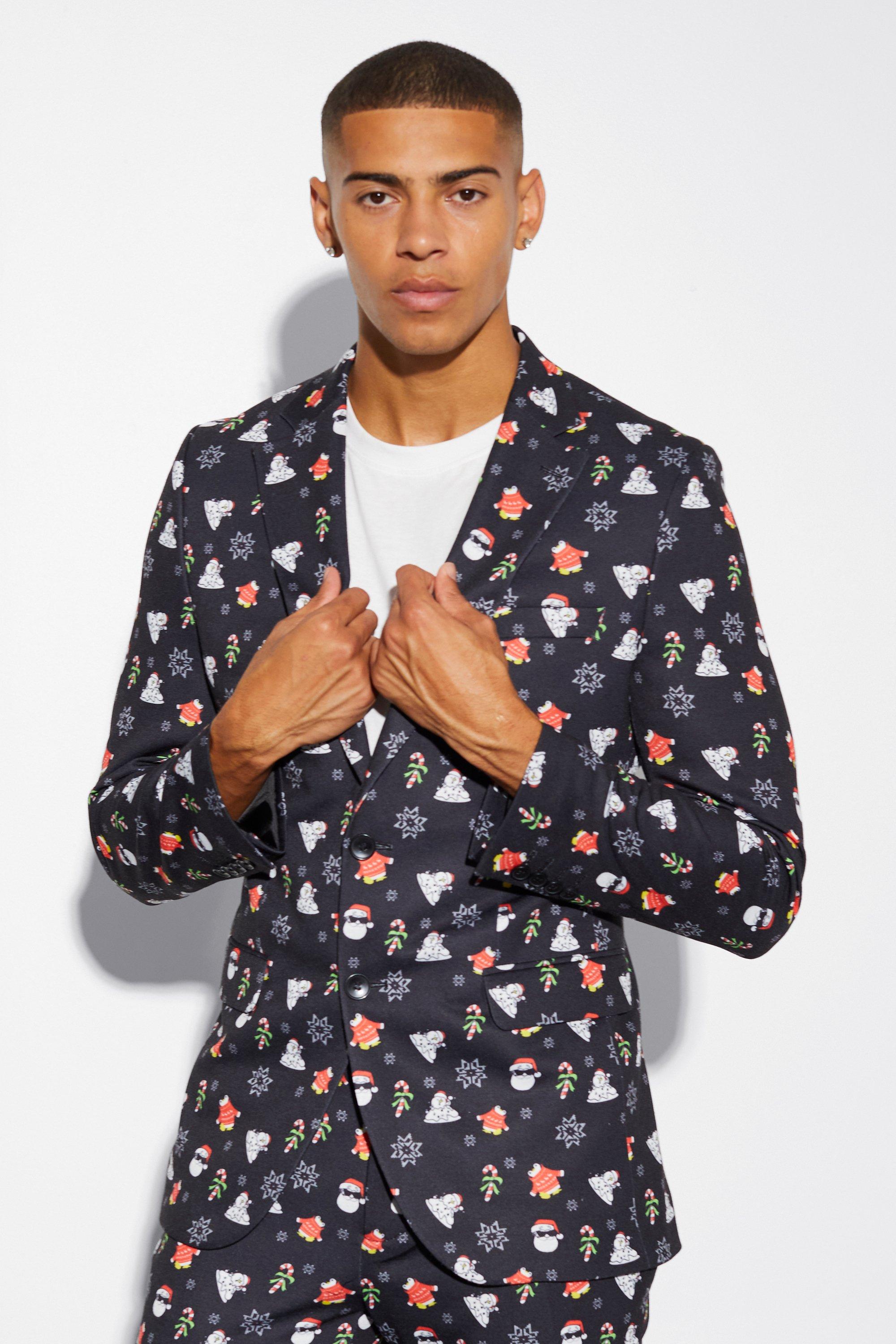 Black Skinny Fit Christmas Print Suit Jacket