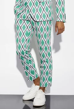Green Slim Fit Geo Cropped Dress Pants