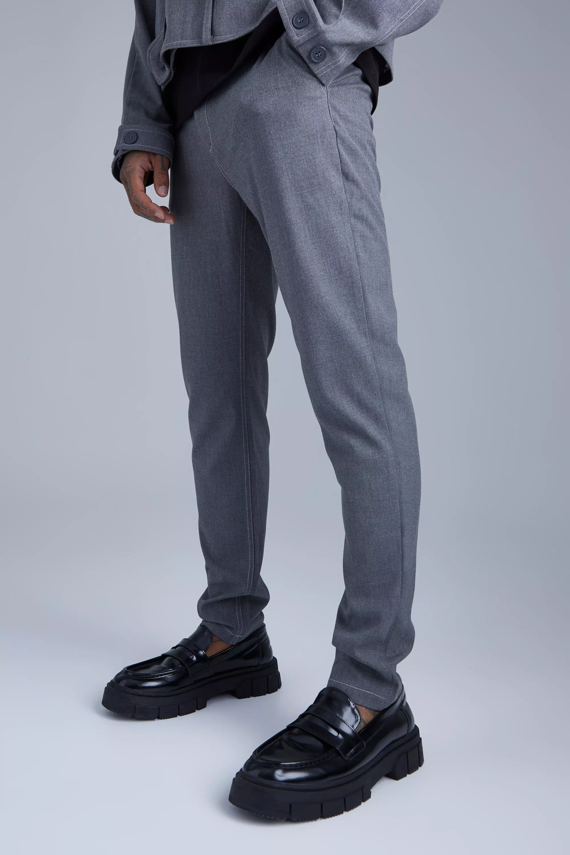 Fixed Waist Slim Fit Topstitch Pants Charcoal