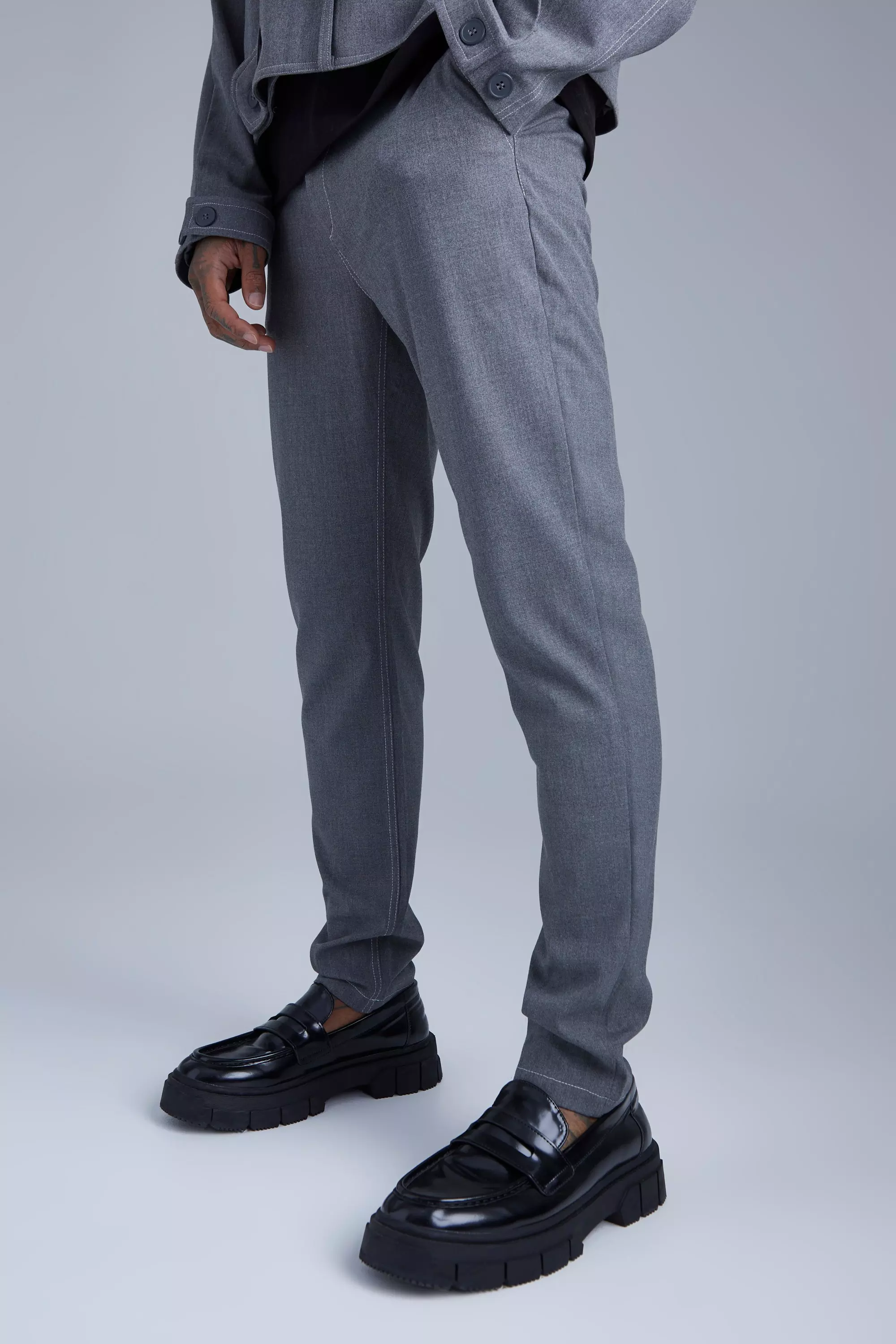 Charcoal Grey Fixed Waist Slim Fit Topstitch Pants