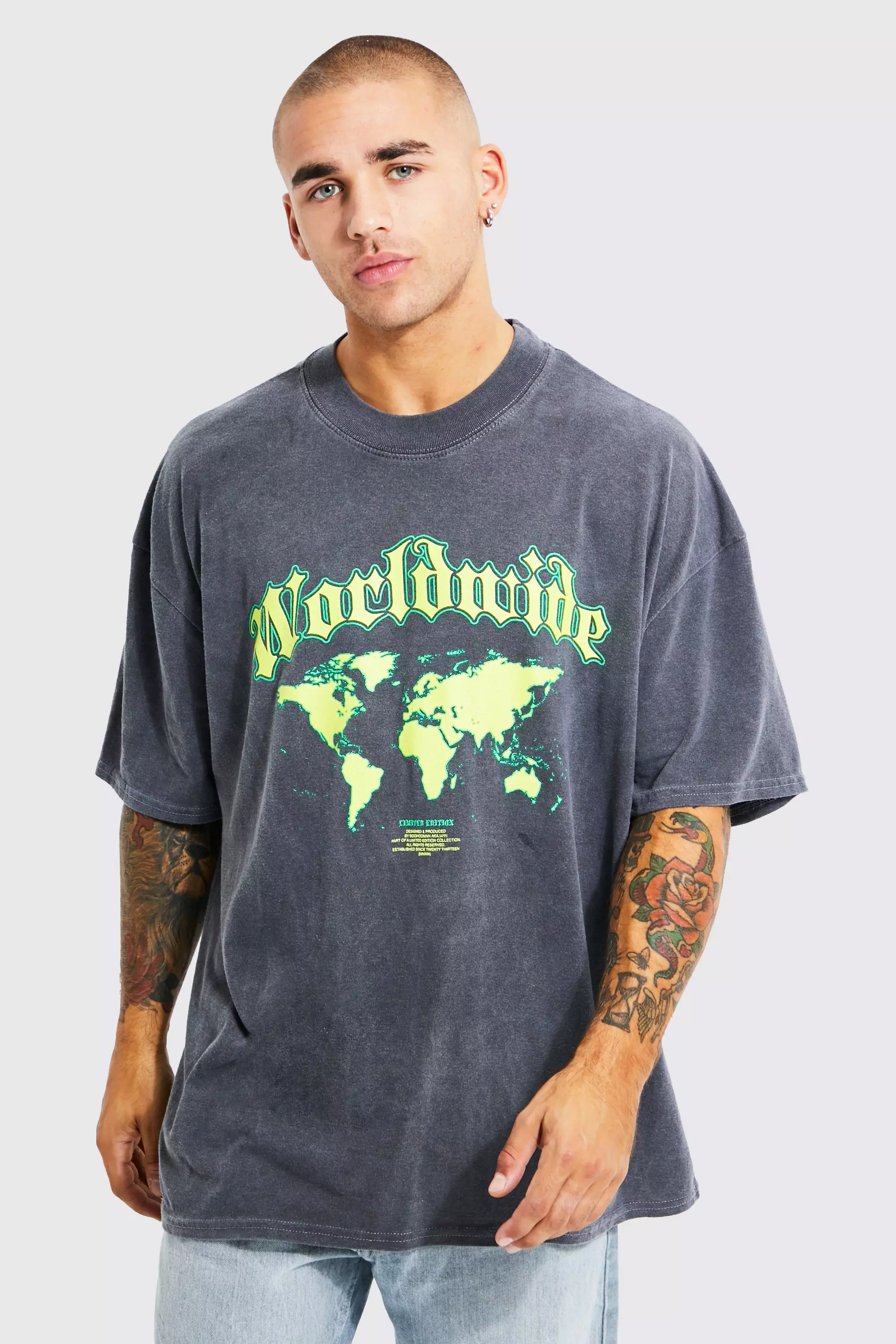 Charcoal Oversized Washed Worldwide Map Print T-shirt alternative image