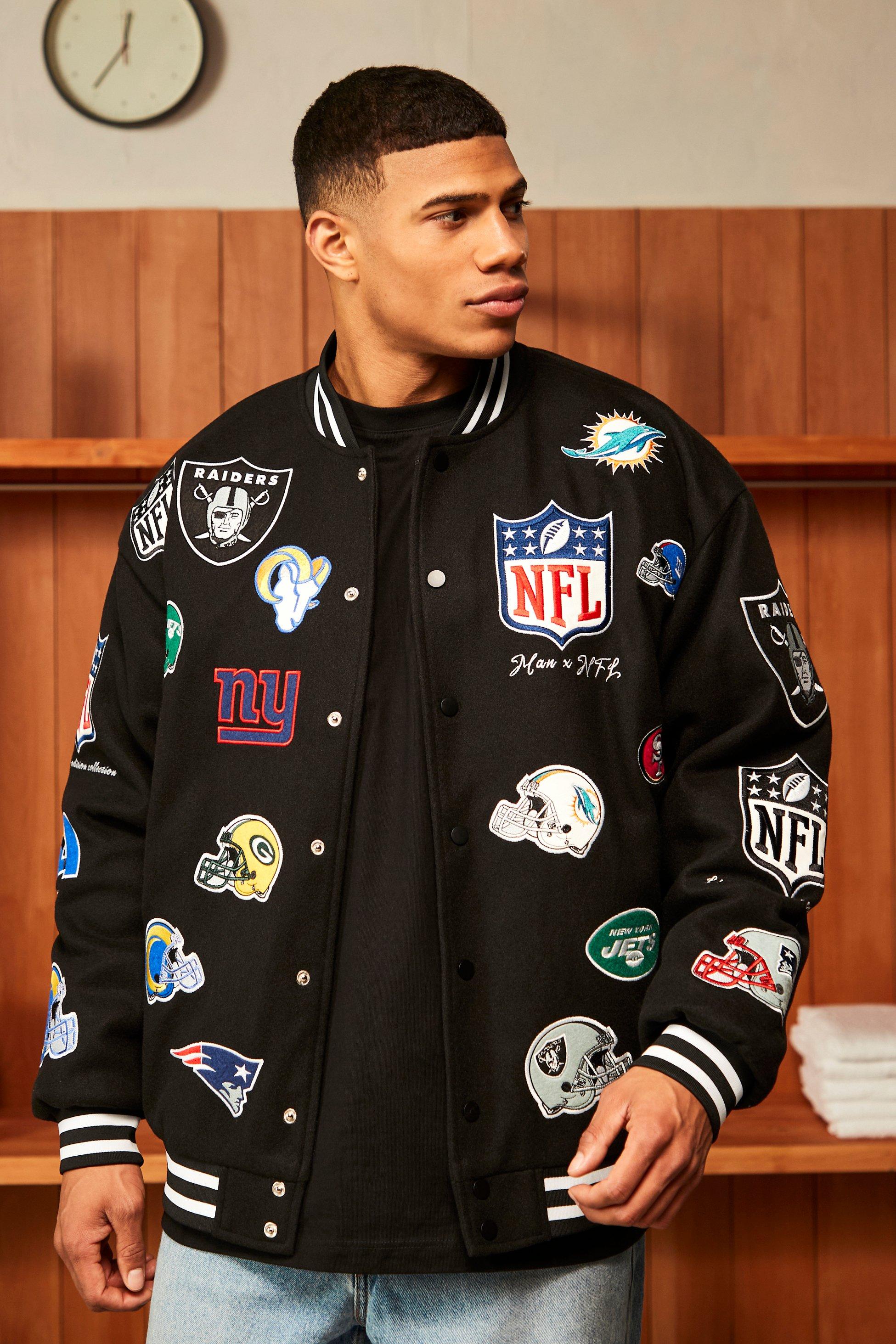 Nfl Oversized Melton Multi Badge Bomber Jacket