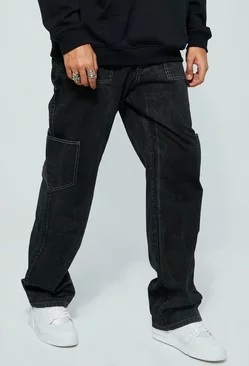 Black Tall Relaxed Fit Washed Carpenter Cargo Pants