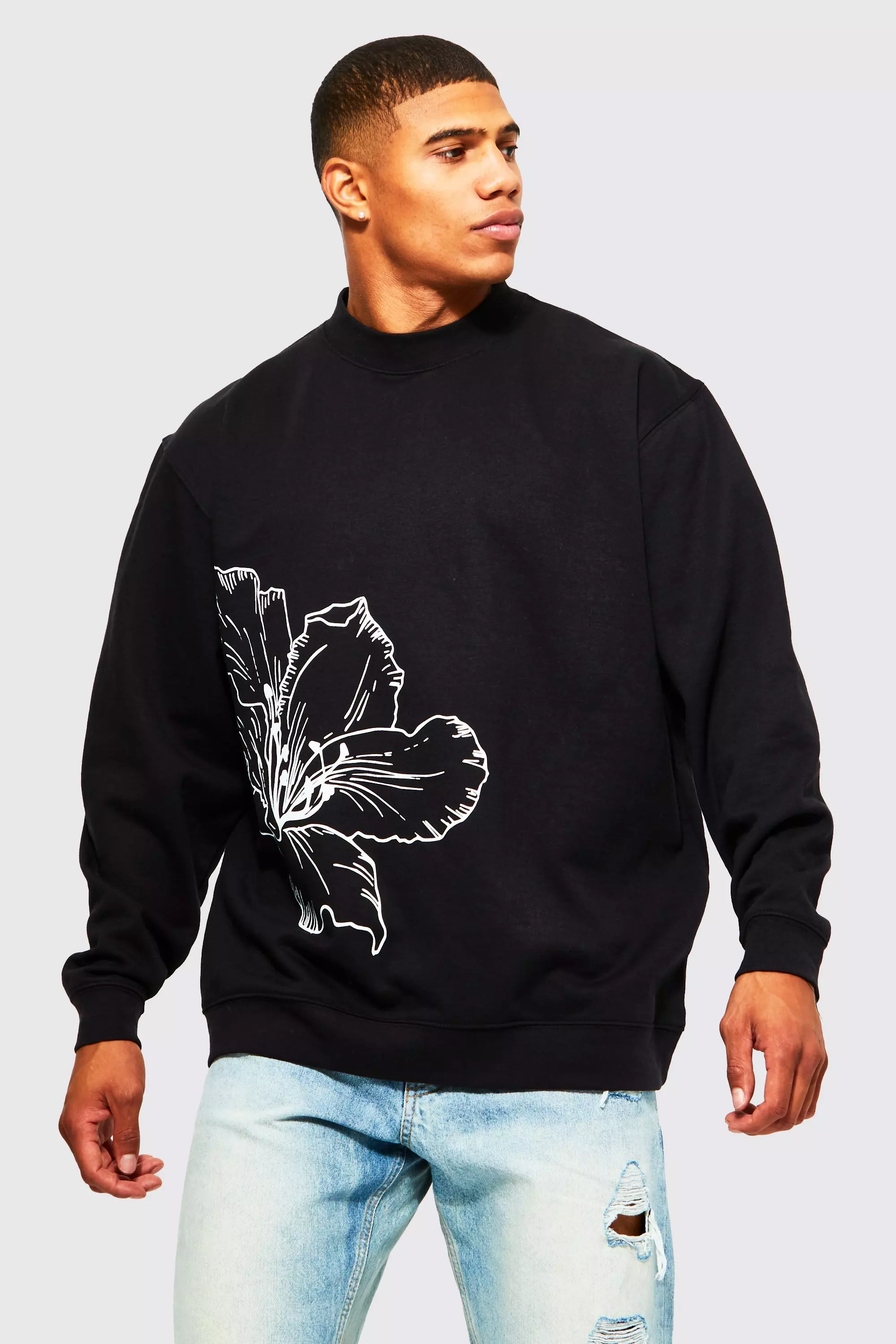 Black Oversized Line Drawn Flower Print Sweatshirt alternative image