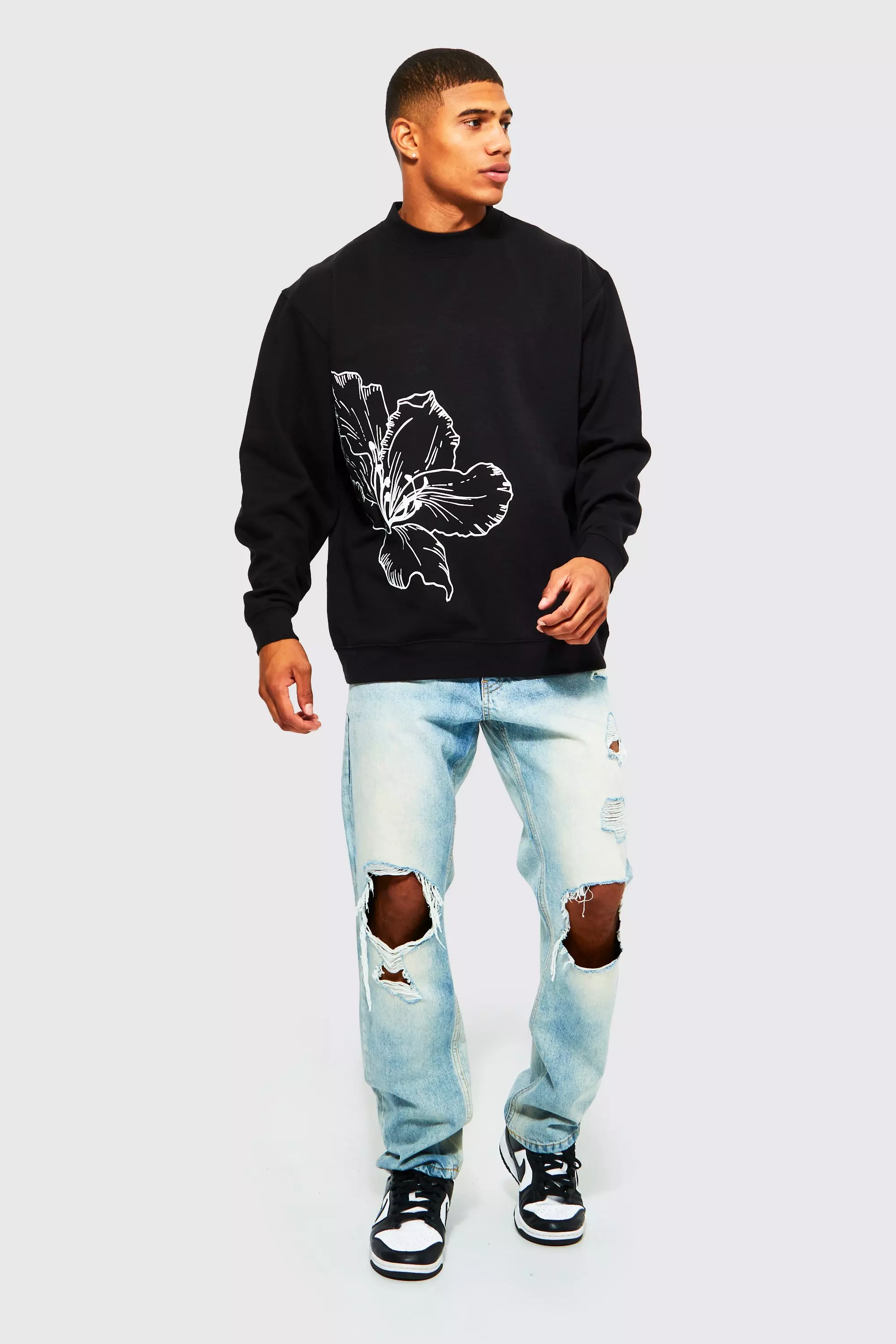 Black Oversized Line Drawn Flower Print Sweatshirt alternative image