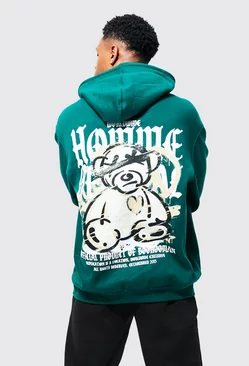 Oversized Overdyed Homme Teddy Graphic Hoodie Forest