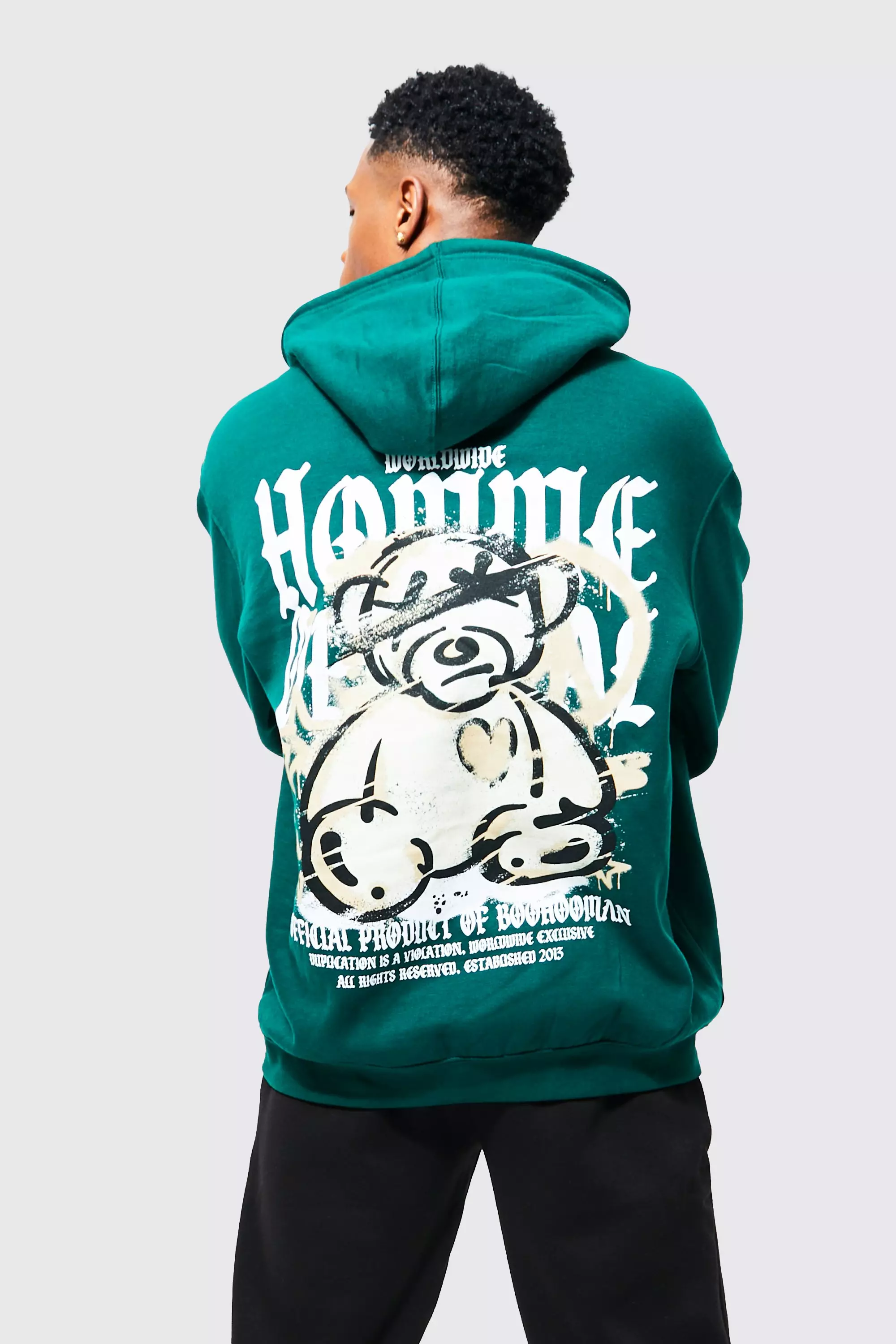 Oversized Overdyed Homme Teddy Graphic Hoodie Forest