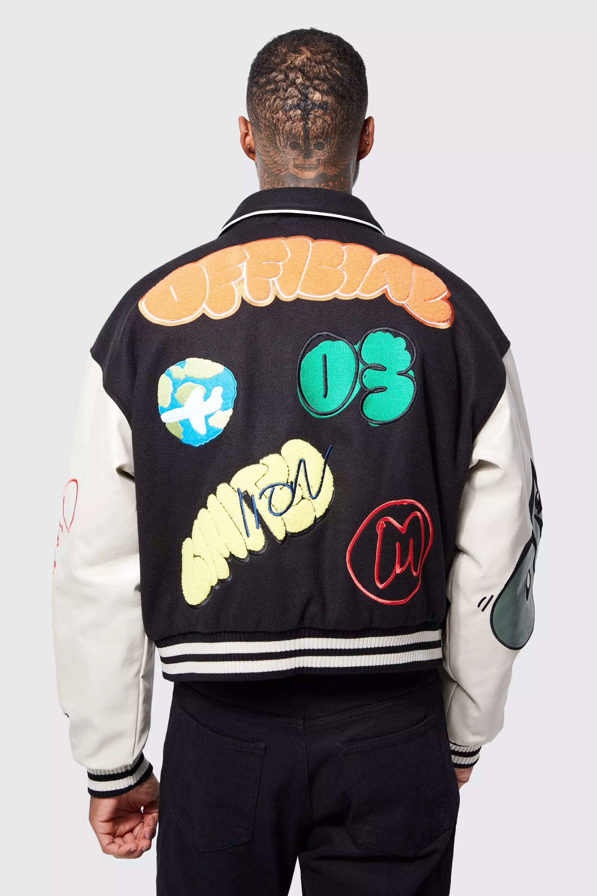 Boxy Fit Graffiti Varsity Jacket | boohooMAN USA