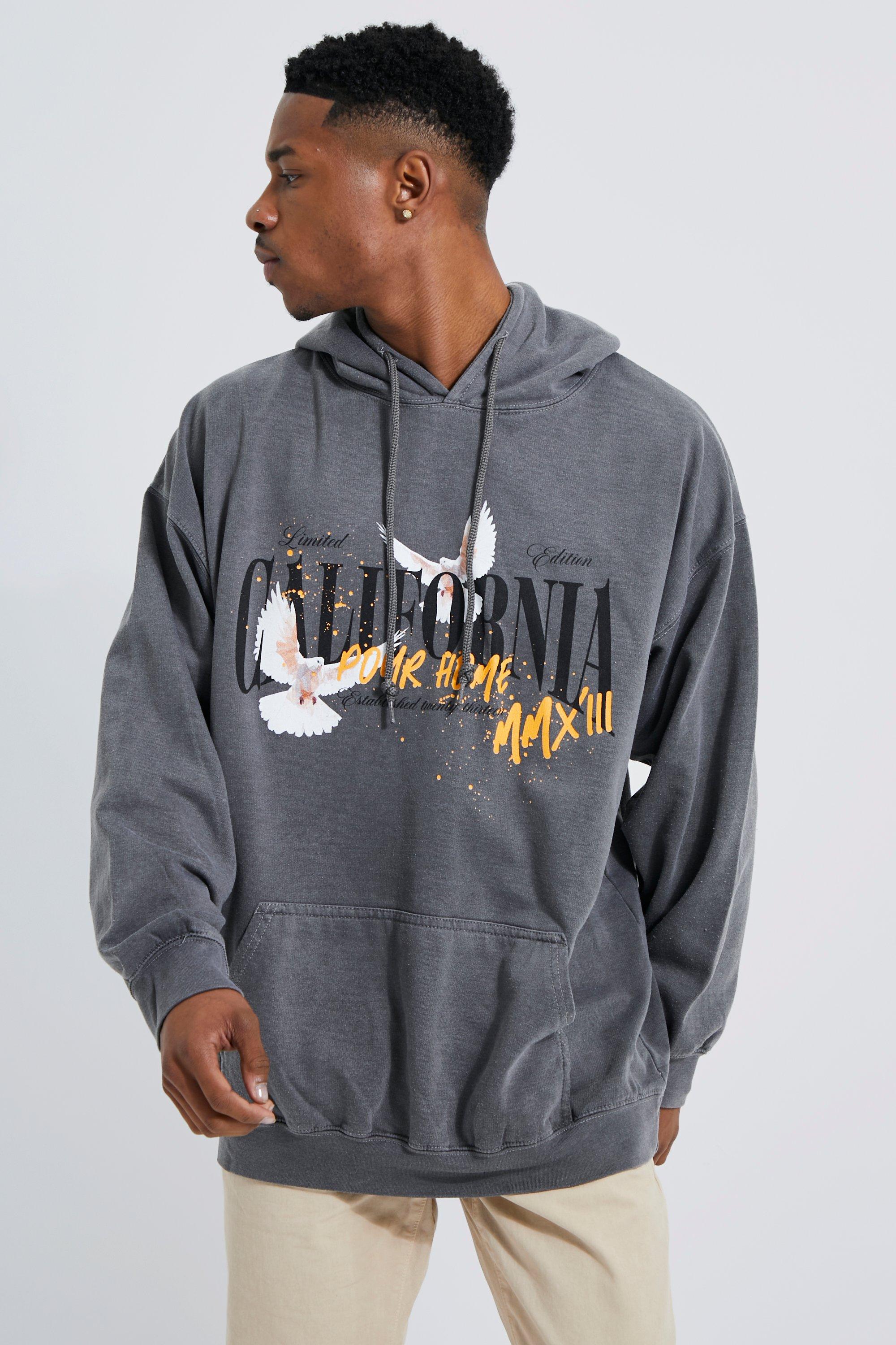 Oversized Overdye California Print Hoodie | boohooMAN USA