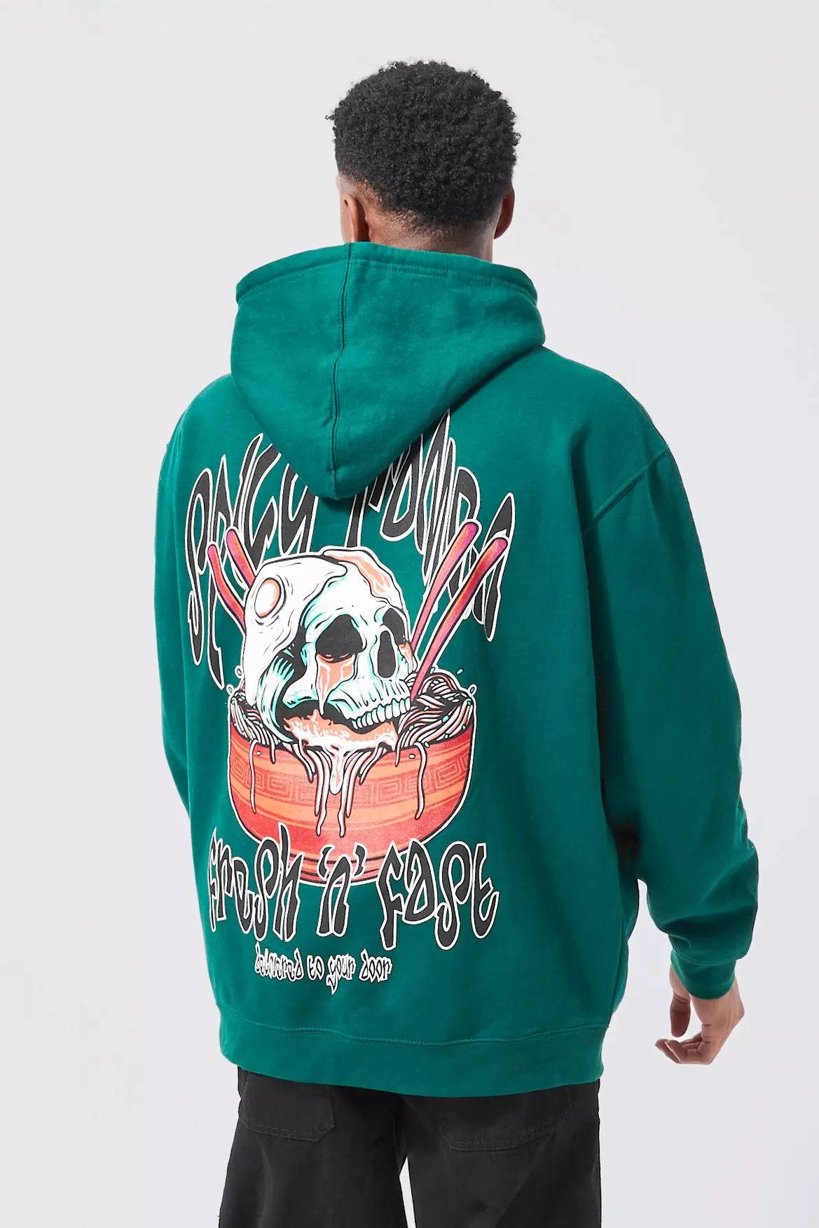 Oversized Noodle Skull Graphic Hoodie Forest
