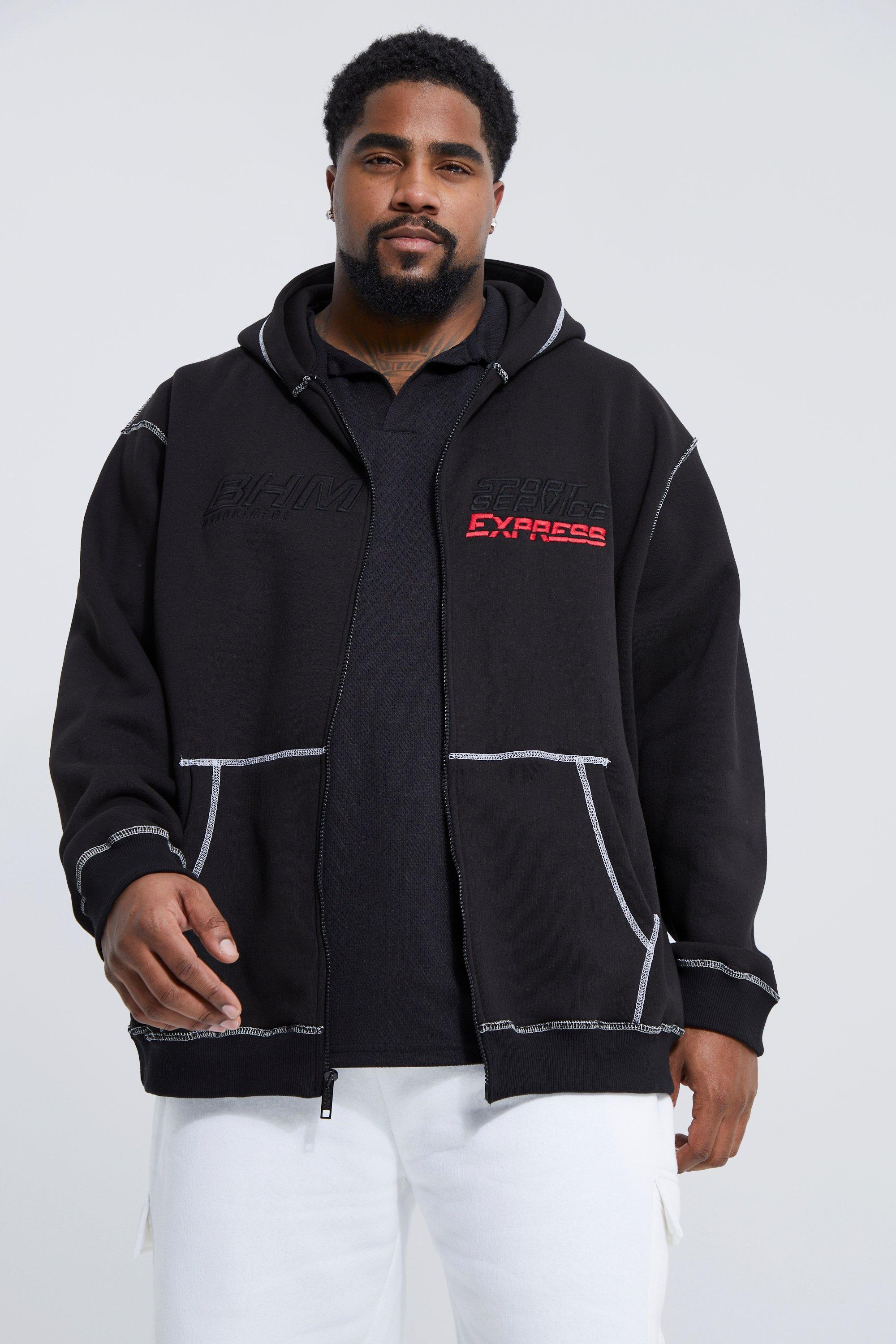 Plus Oversized Moto Zip Contrast Stitch Hoodie | boohooMAN UK