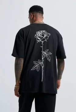 Line Drawn Rose Stem Print T-shirt Black