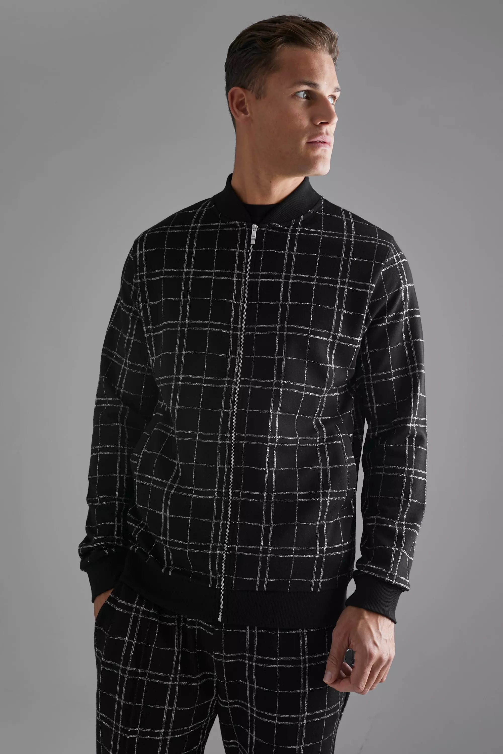 Black Tall Smart Plaid Bomber Jacket alternative image