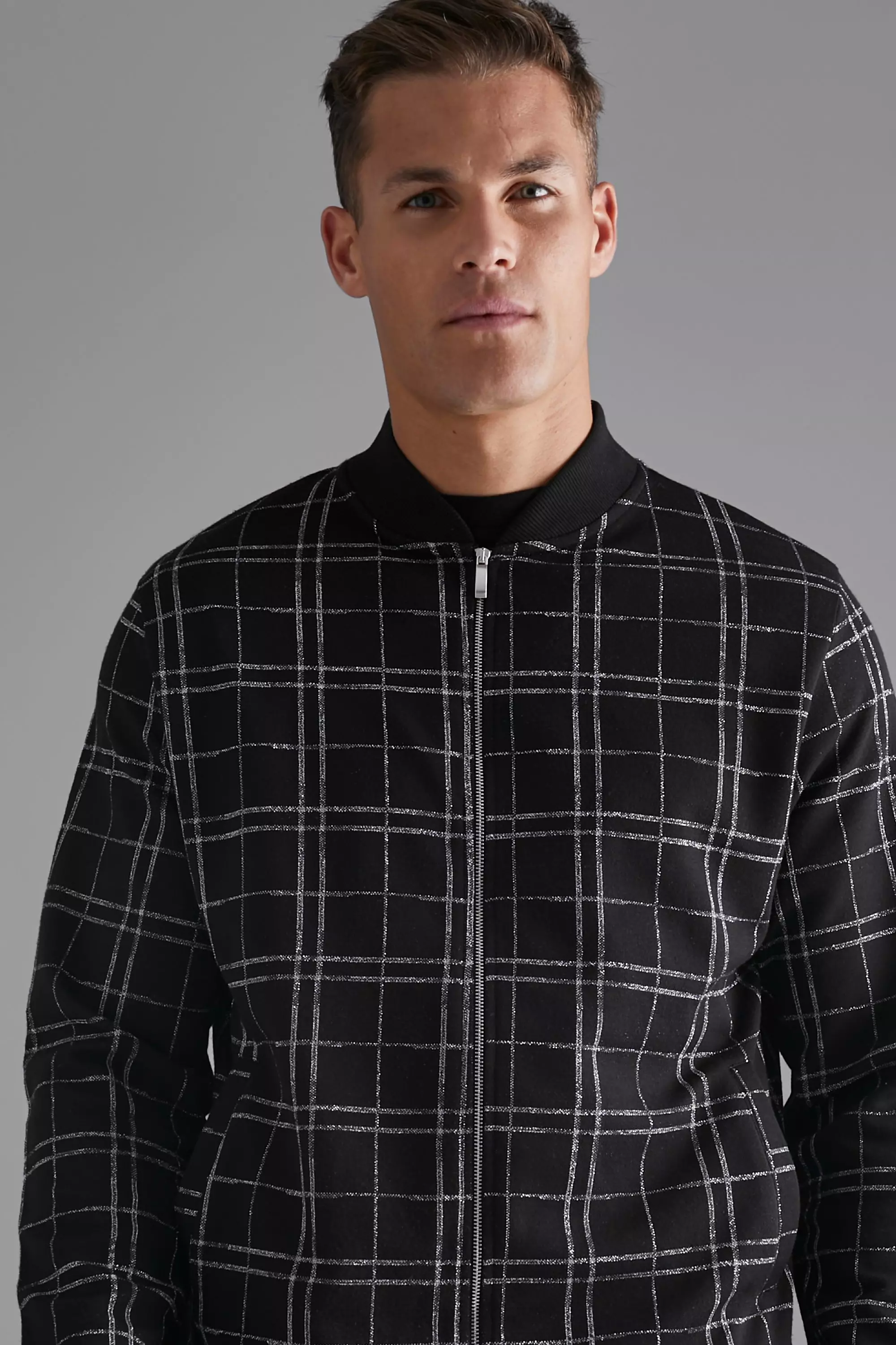Black Tall Smart Plaid Bomber Jacket alternative image