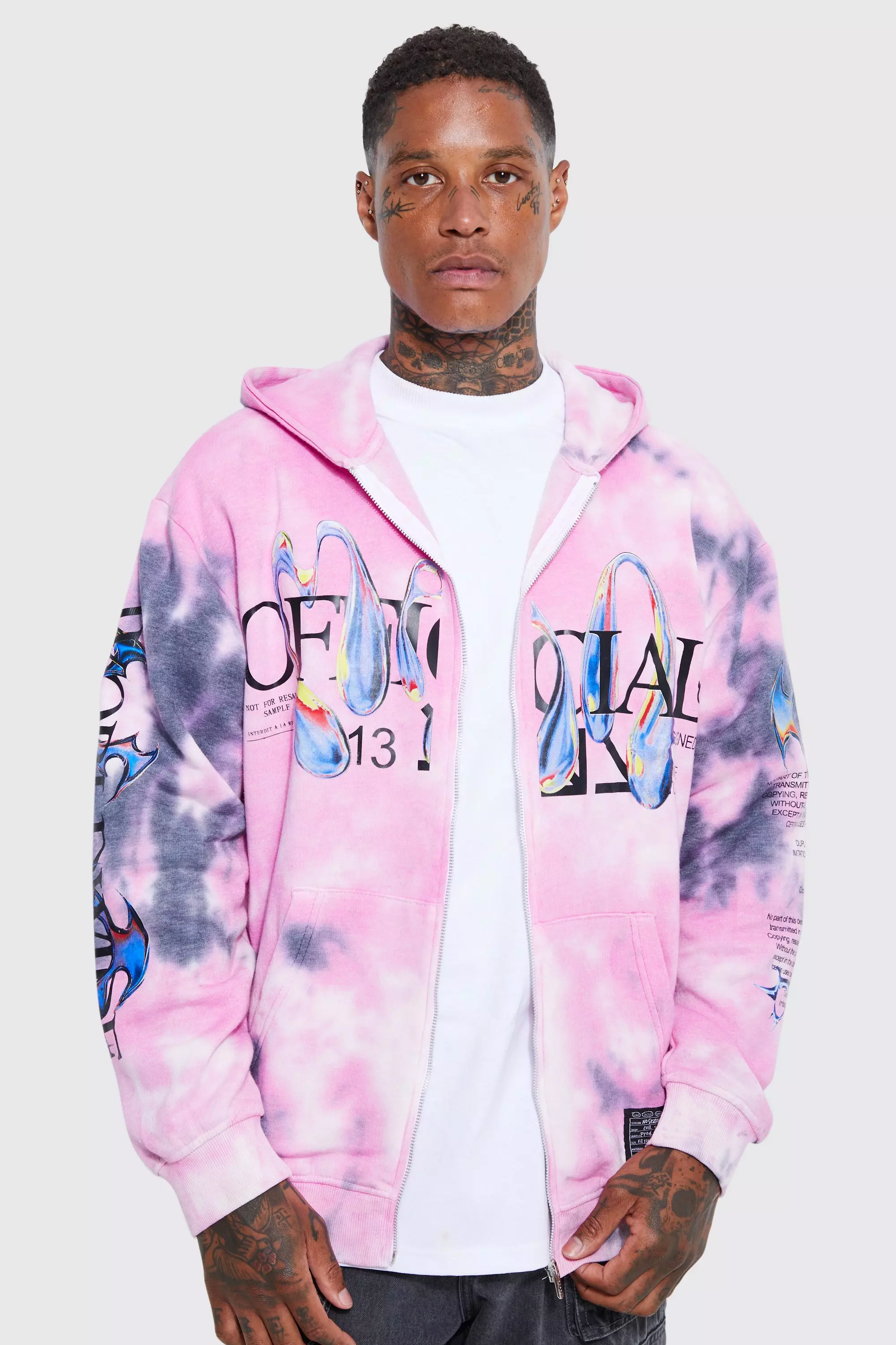 Oversized Tie Dye Graphic Zip Through Hoodie boohooMAN UK