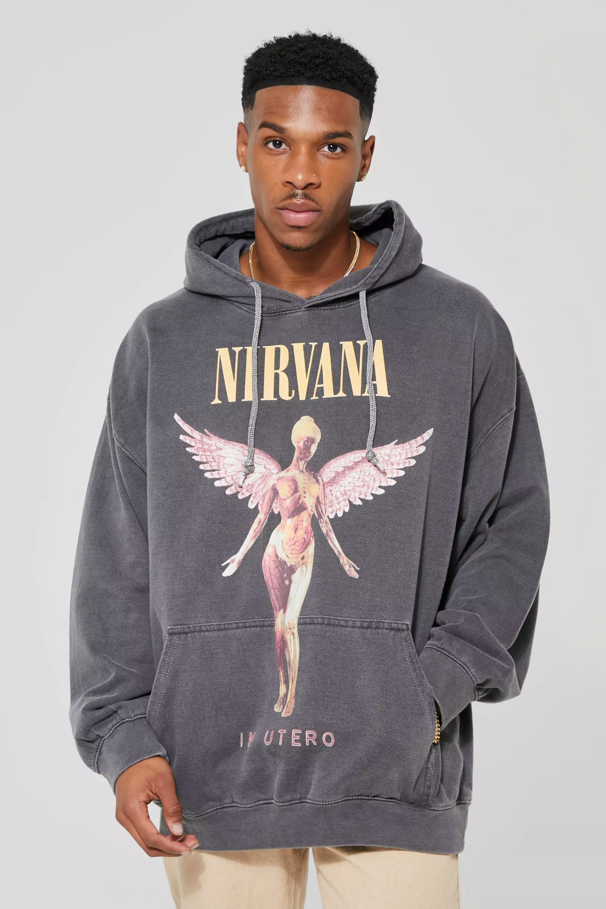 Charcoal Grey Oversized Nirvana Overdye License Hoodie