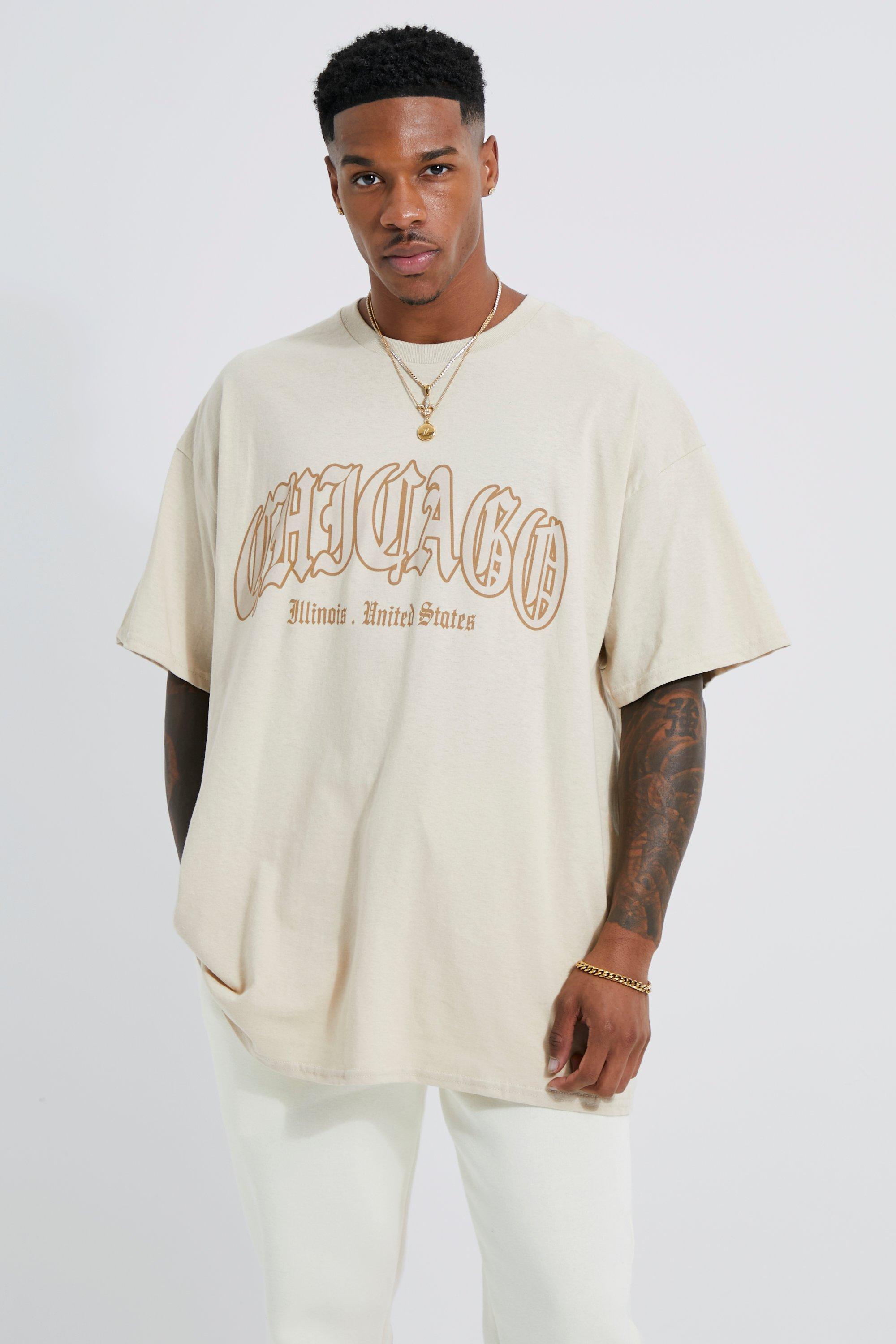 boohooMAN Oversized Chicago Print T-Shirt - Beige - Size XS