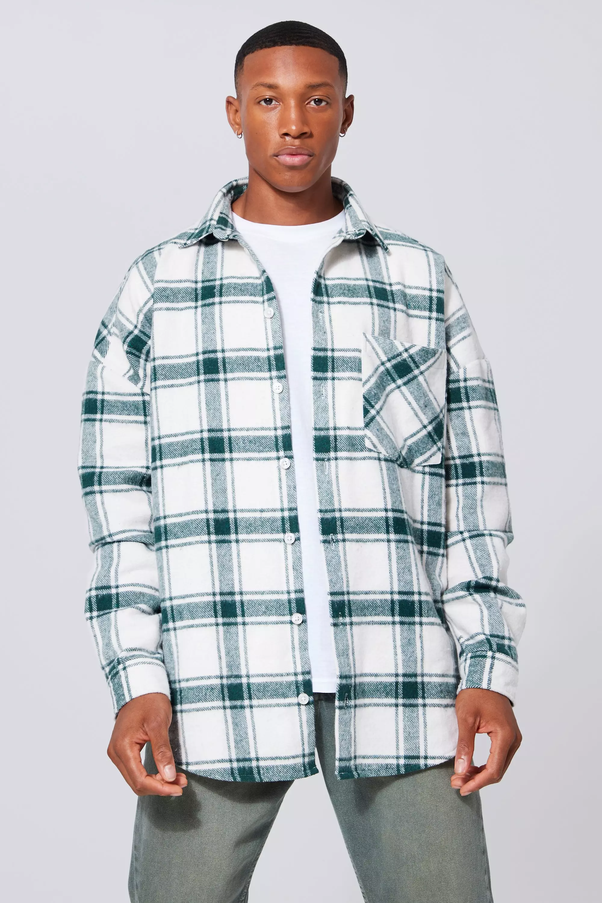 Green Check Oversized Overshirt With Curved Hem alternative image