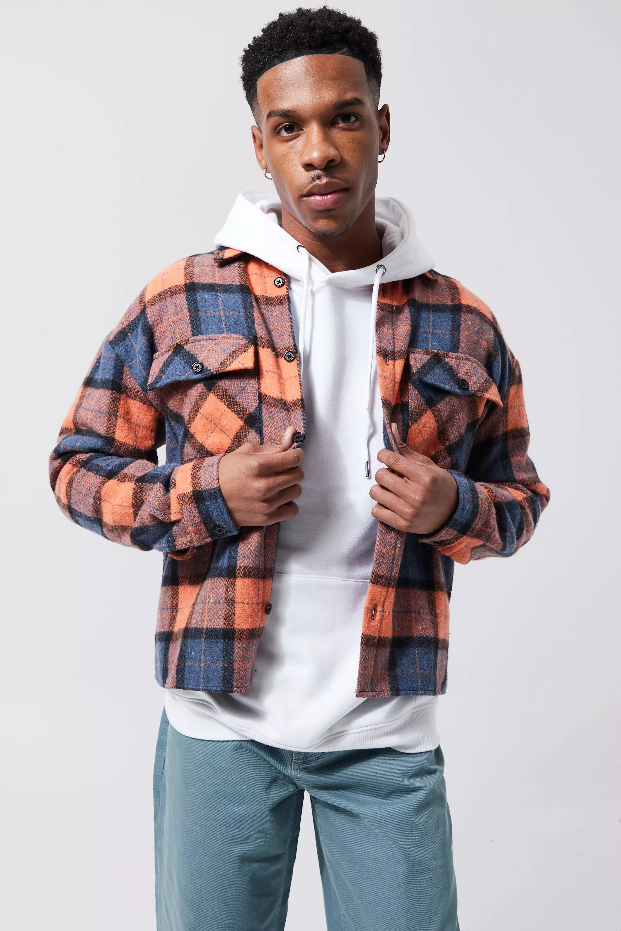 Boxy Crop Brushed Check Shacket Orange