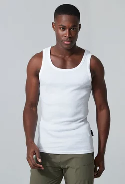 Man Active Gym Muscle Fit Ribbed Vest White