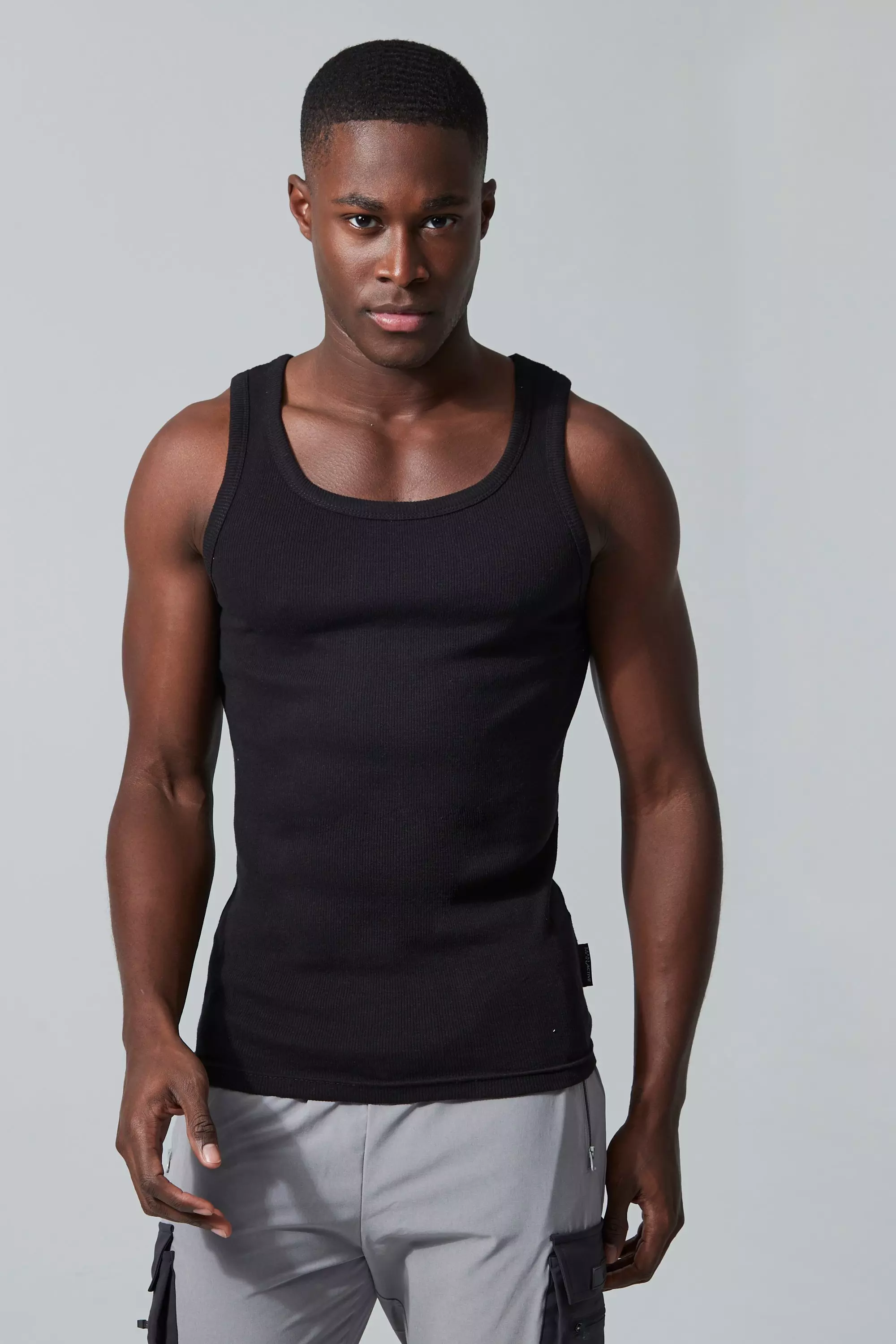 Man Active Gym Muscle Fit Ribbed Vest Black