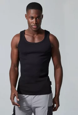 Man Active Gym Muscle Fit Ribbed Vest Black