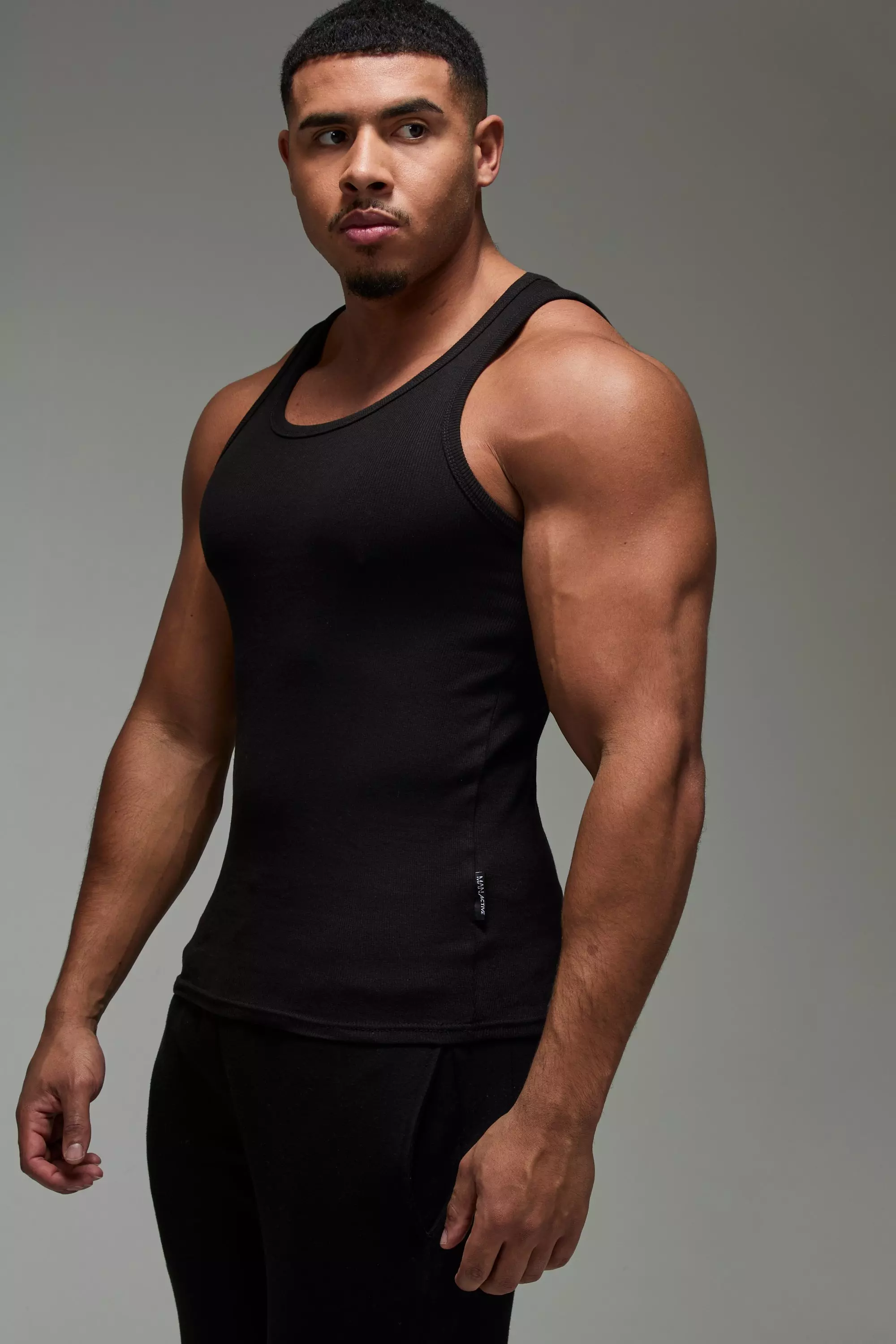 Black Man Active Gym Muscle Fit Ribbed Vest