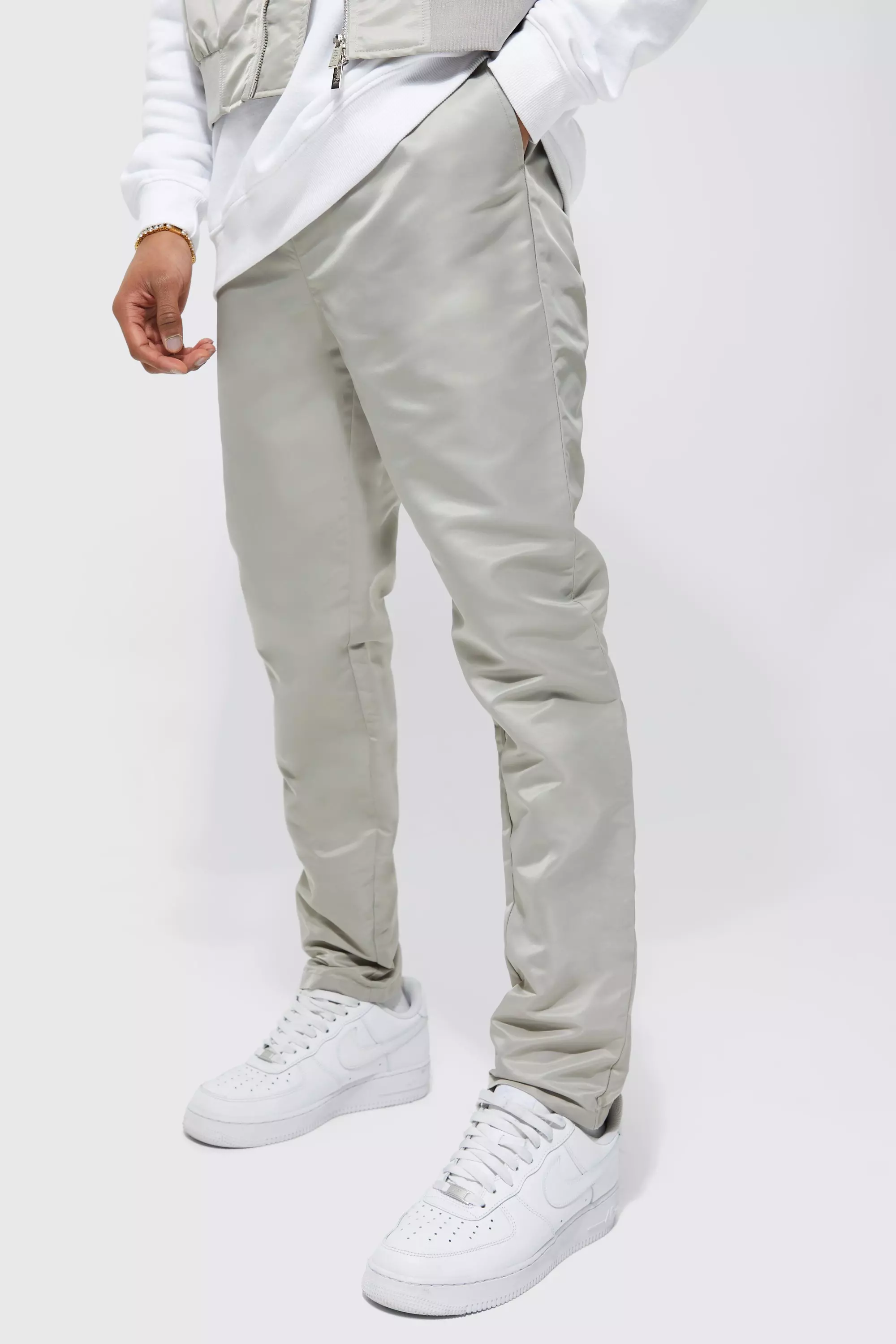 Elastic Waist Slim Fit Nylon Pants pale grey