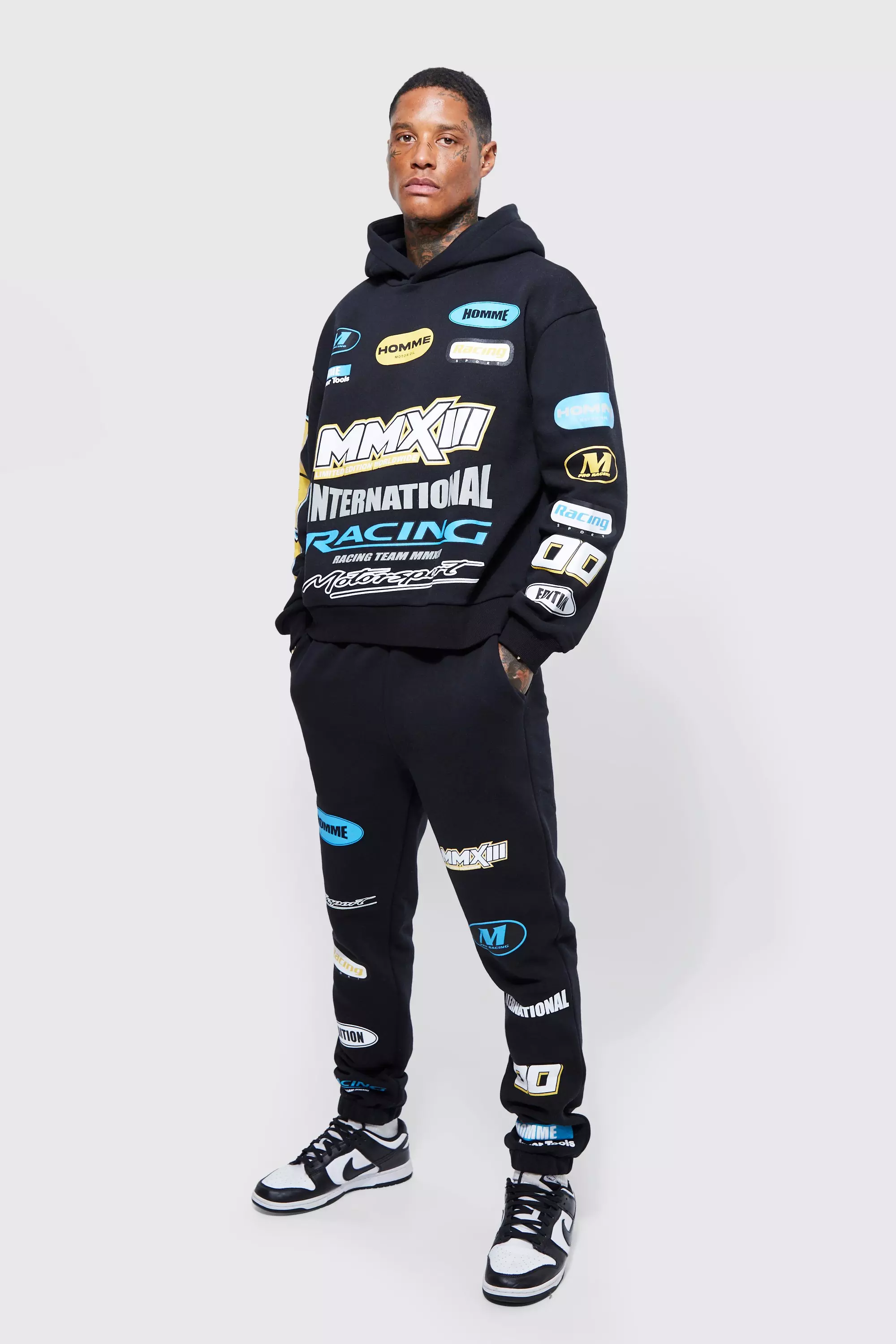 【M TO R】BOXY SET UP JACKET Oversized Boxy Moto Graphic Hooded Tracksuit | boohooMAN UK
