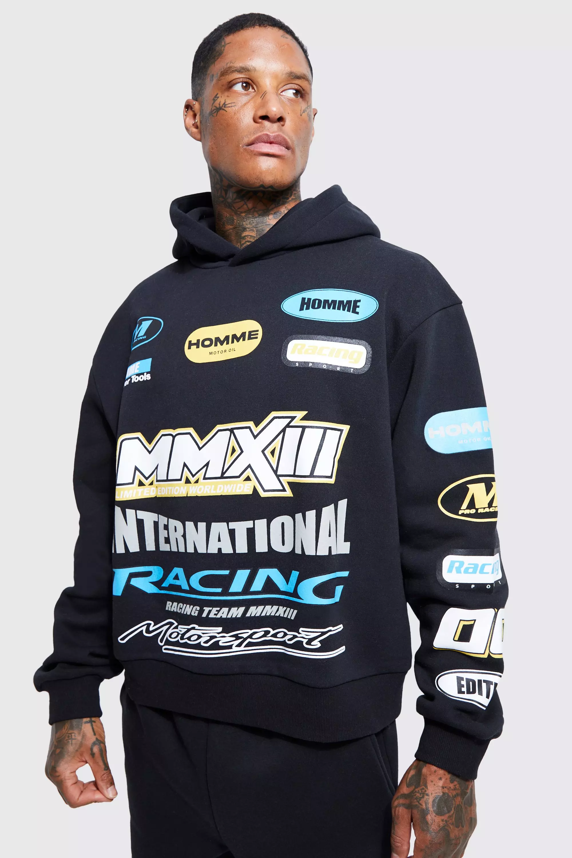 【M TO R】BOXY SET UP JACKET Oversized Boxy Moto Graphic Hooded Tracksuit | boohooMAN UK