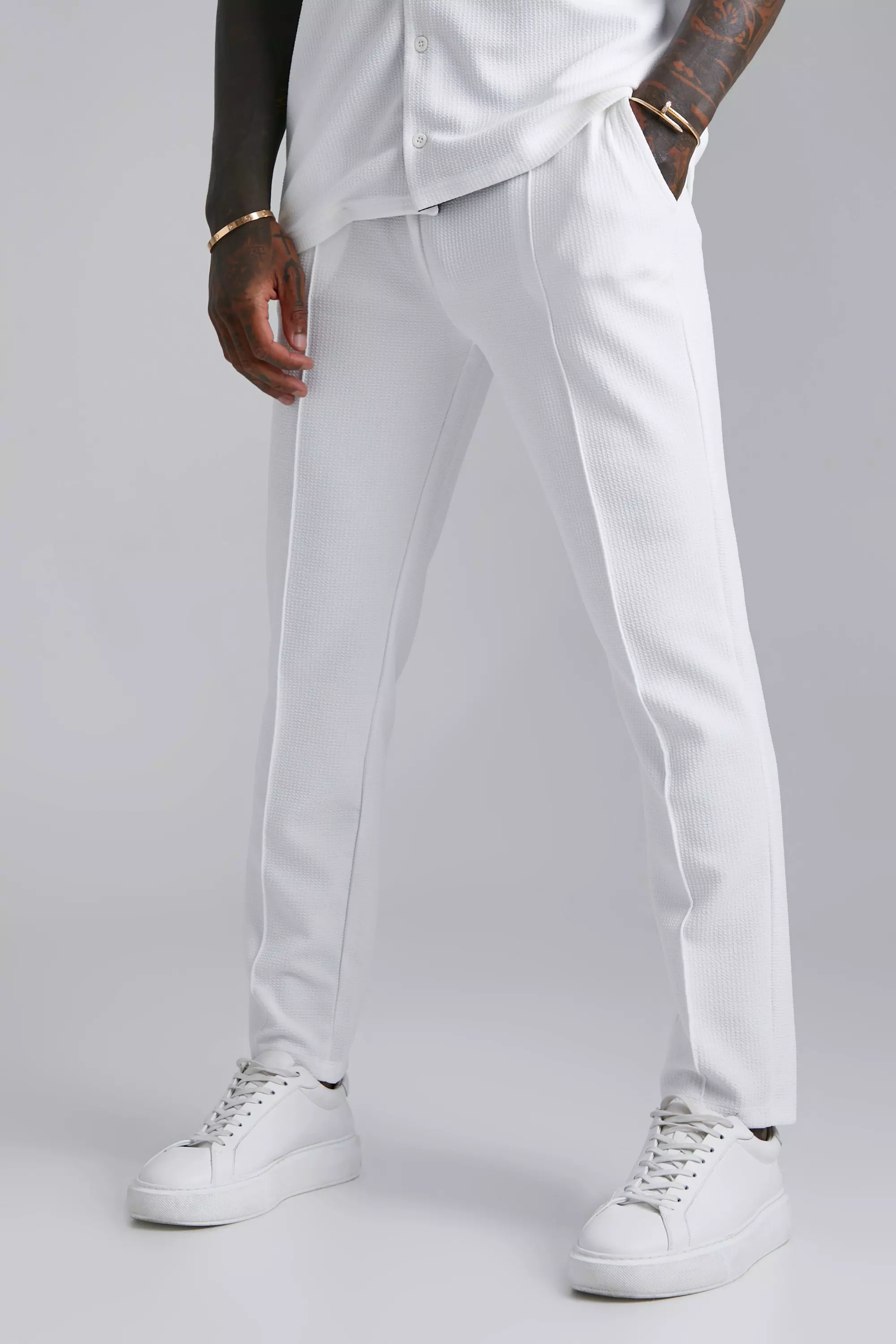Elasticated Skinny Jersey Textured Pants Ecru