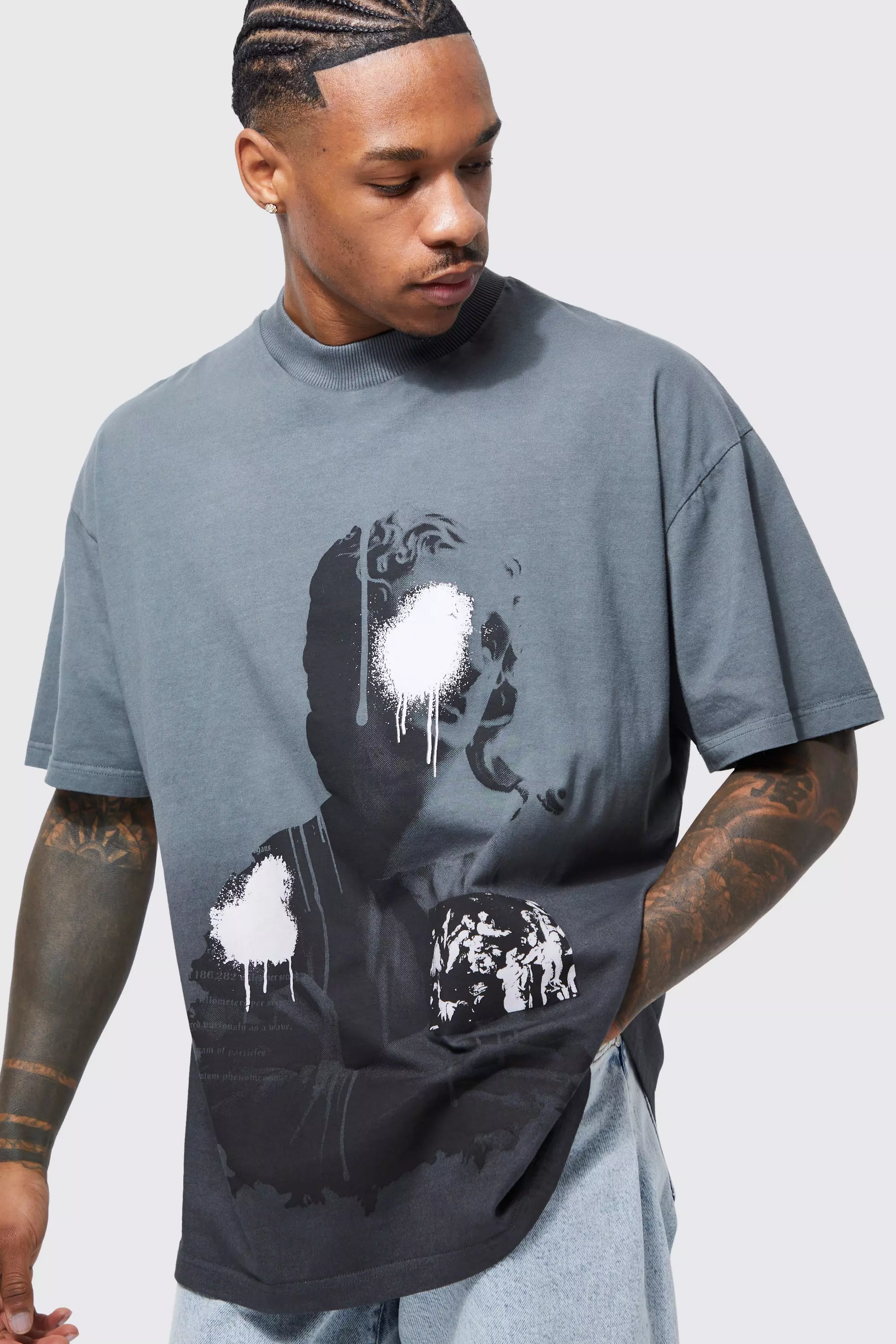 Oversized Ombre Statue Graphic T-shirt Grey