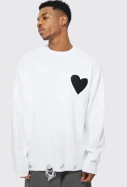 Oversized Distressed Hem And Heart Detail Sweater White
