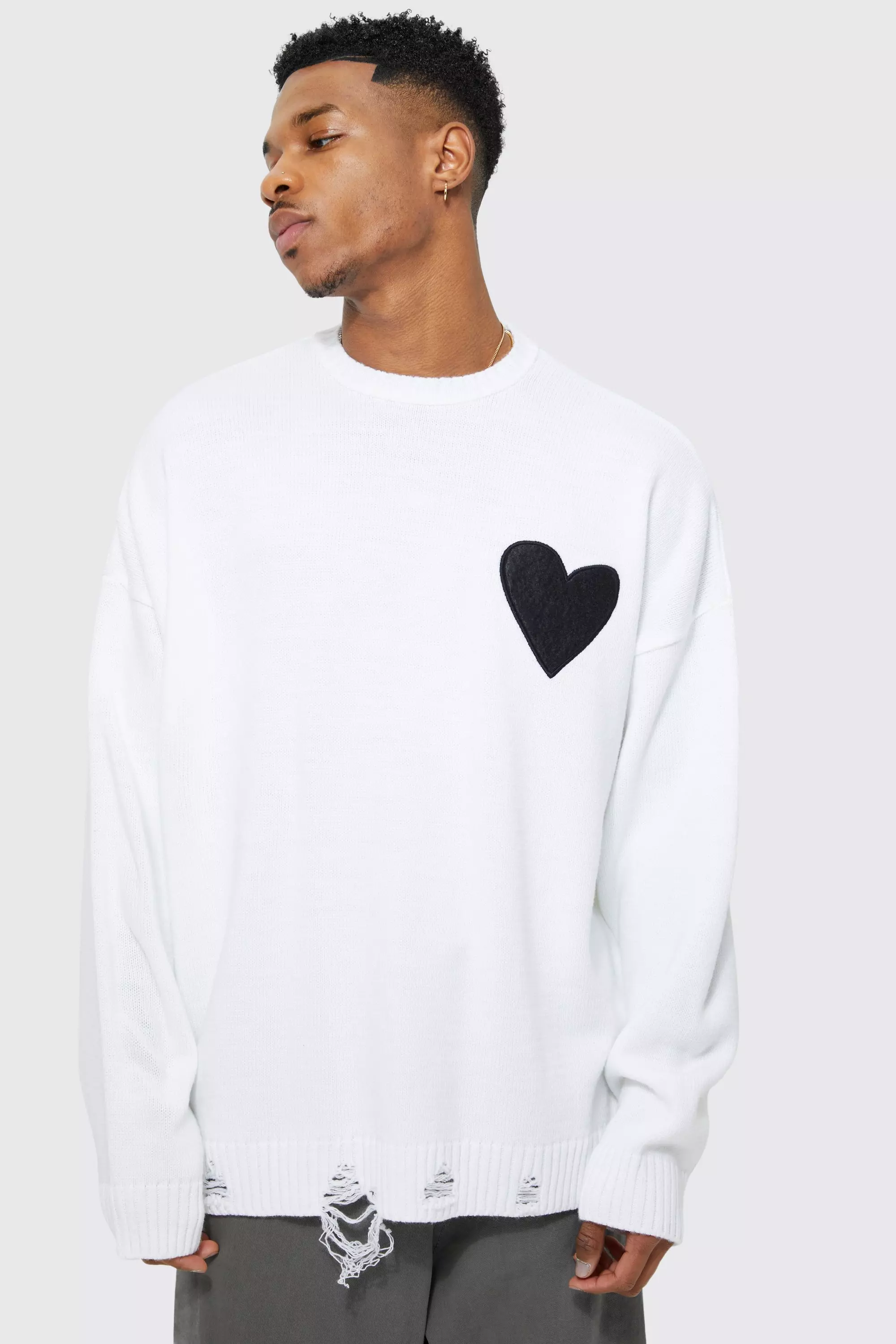 Oversized Distressed Hem And Heart Detail Sweater