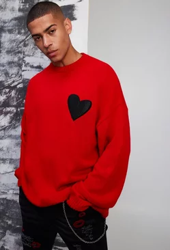 Red Oversized Distressed Hem And Heart Detail Sweater