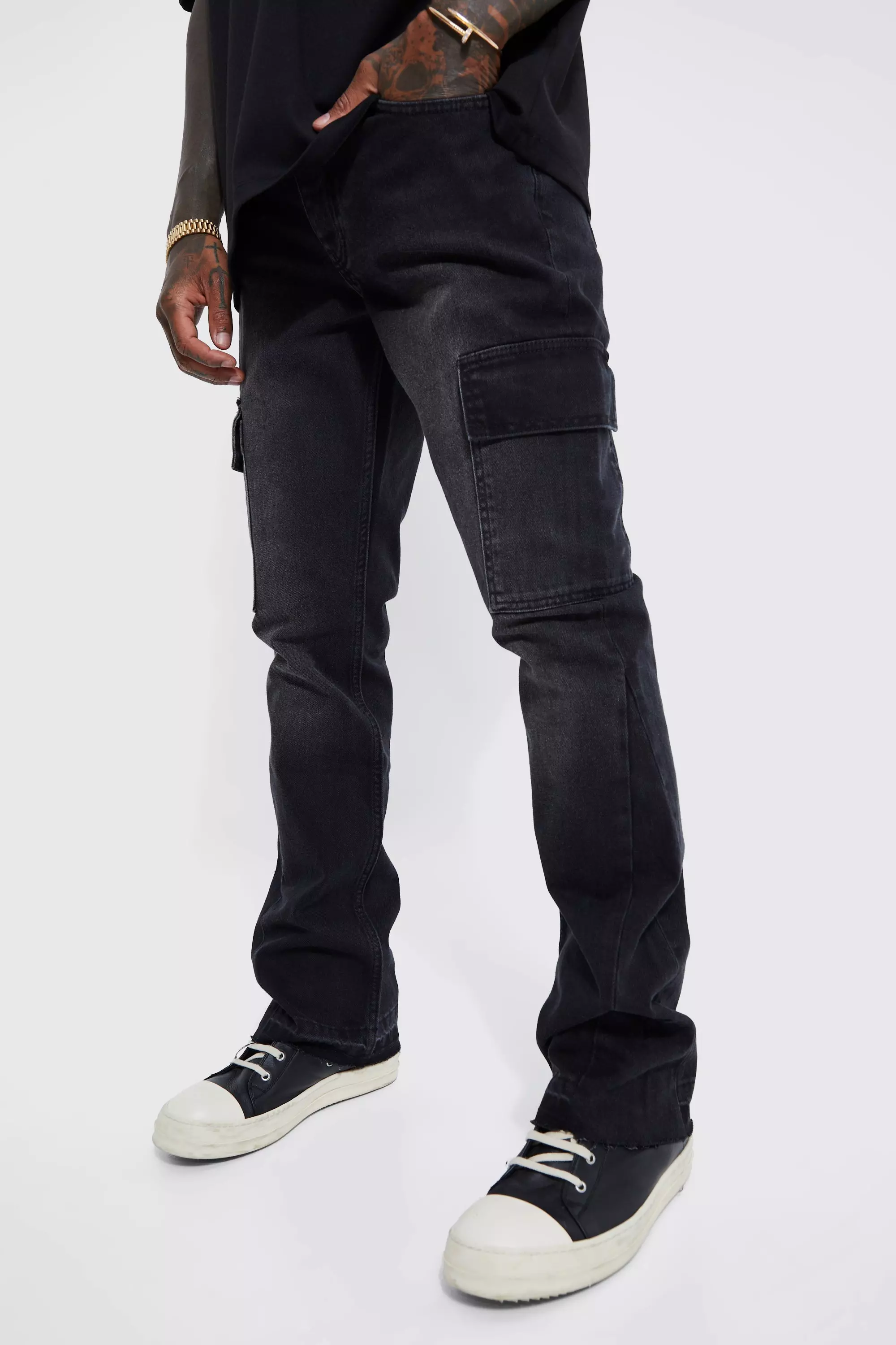 Ash Grey Slim Rigid Flare Cargo Jeans