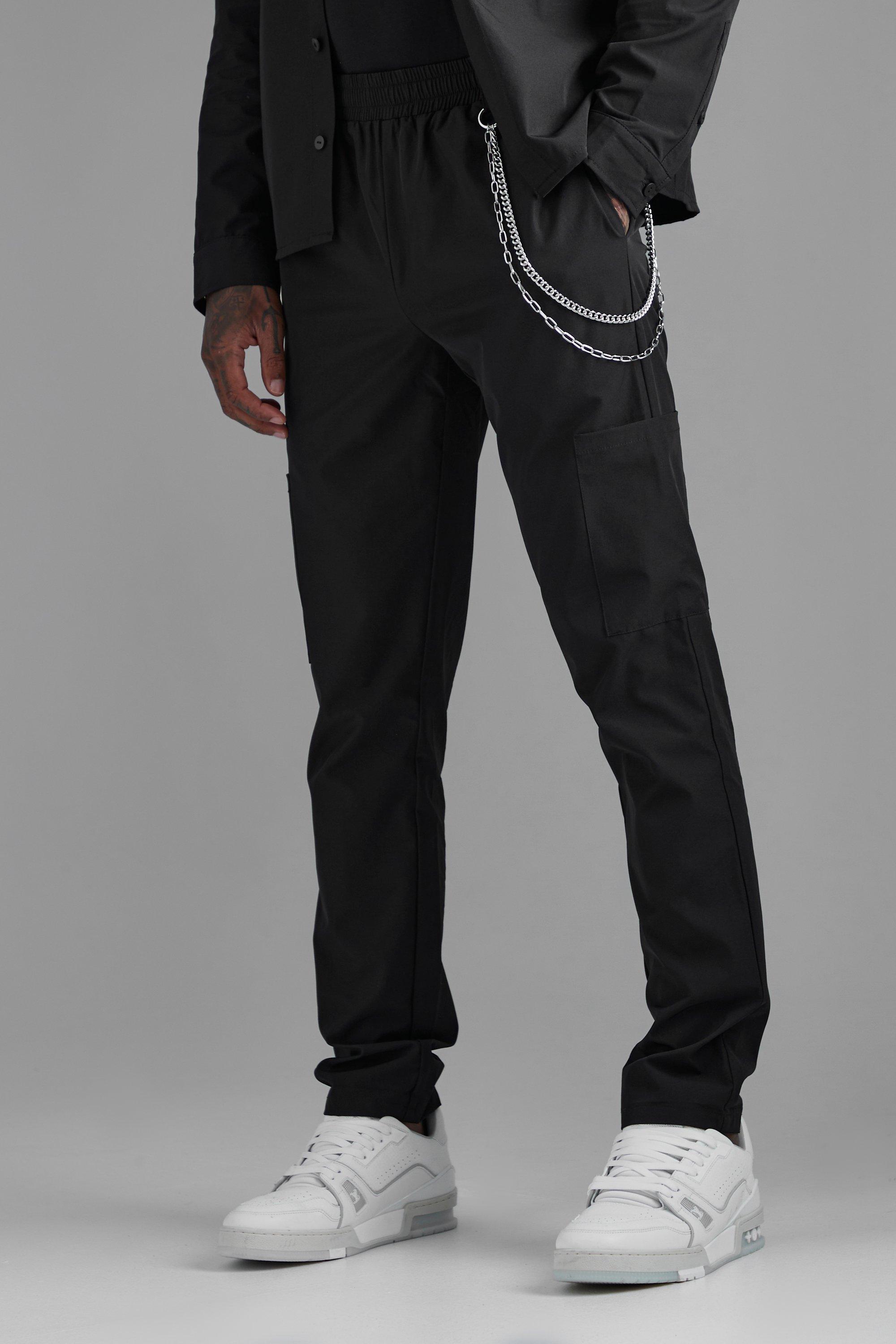 Black Smart Cargo Skinny Jogger Pants With Chain
